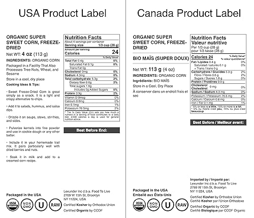 Miniatura 3 de Maíz orgánico súper dulce, 4 onzas, granos liofilizados, sin OMG, Kosher, crudo, aperitivo saludable, a granel, cultivado en los Estados Unidos