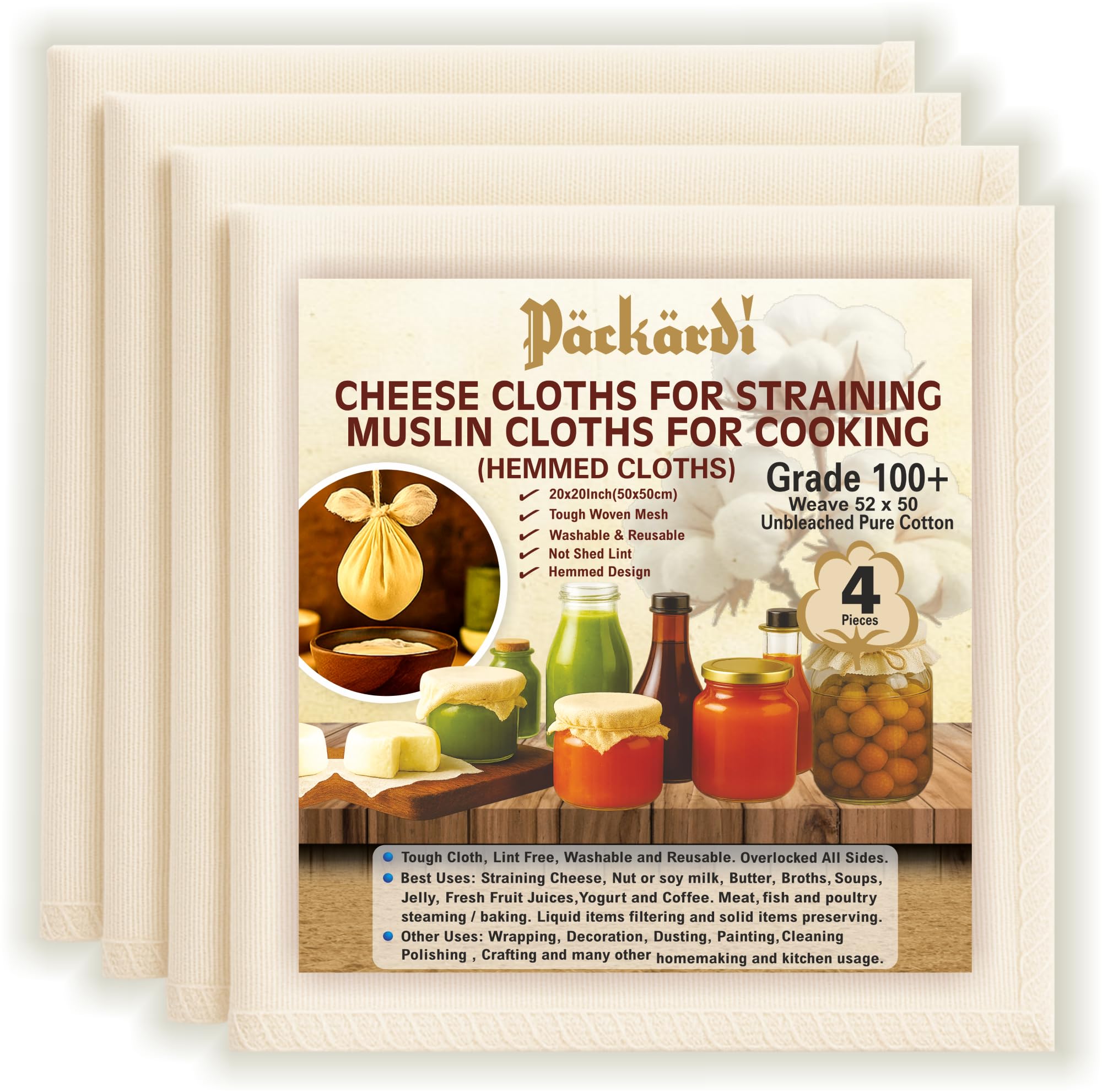 Grade 100+ PACKARDI Cheesecloth Pack of 4 Muslin Cloths for Cooking 50x50 cm, Reusable and Washable Cheese Cloths for Straining, 100% Unbleached Pure Cotton Cloth Ultra-Fine Cheese Cloth for Baking