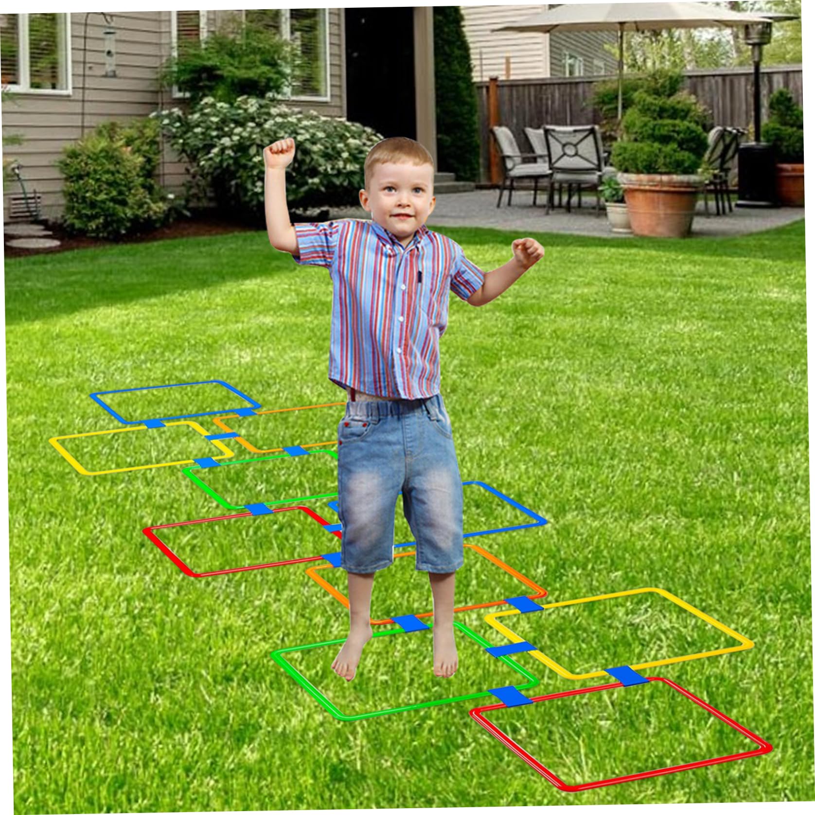 Jorzer Jeu de marelle, 10 Anneaux carrés de 15 Pouces, Anneaux d'agilité Multicolores, Parcours d'obstacles Amusant, équipement Jeu 'extérieur pour Enfants, Jouets