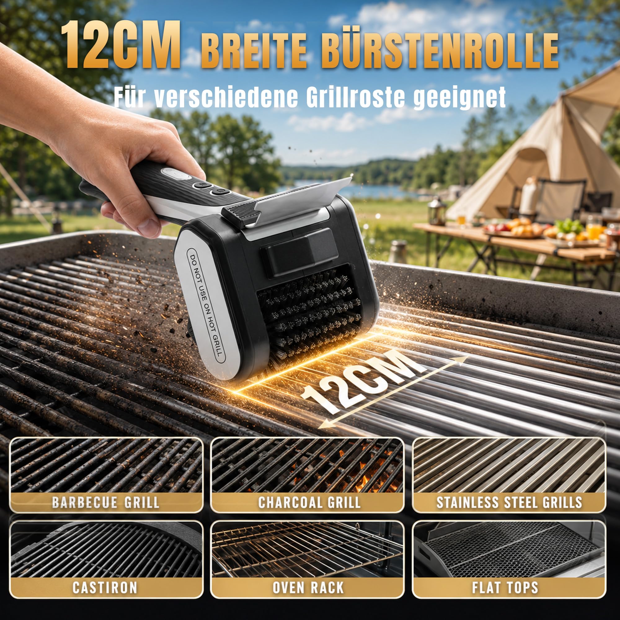 Elektrische Grillbürste Kabelloser mit LED-Licht & Führungsrolle, Schaber | 4000mAh Akku für 180-240 min Laufzeit, 500 RPM Hochleistung, BBQ Reinigungsbürste für Gasgrill Gussrost Elektrogrill