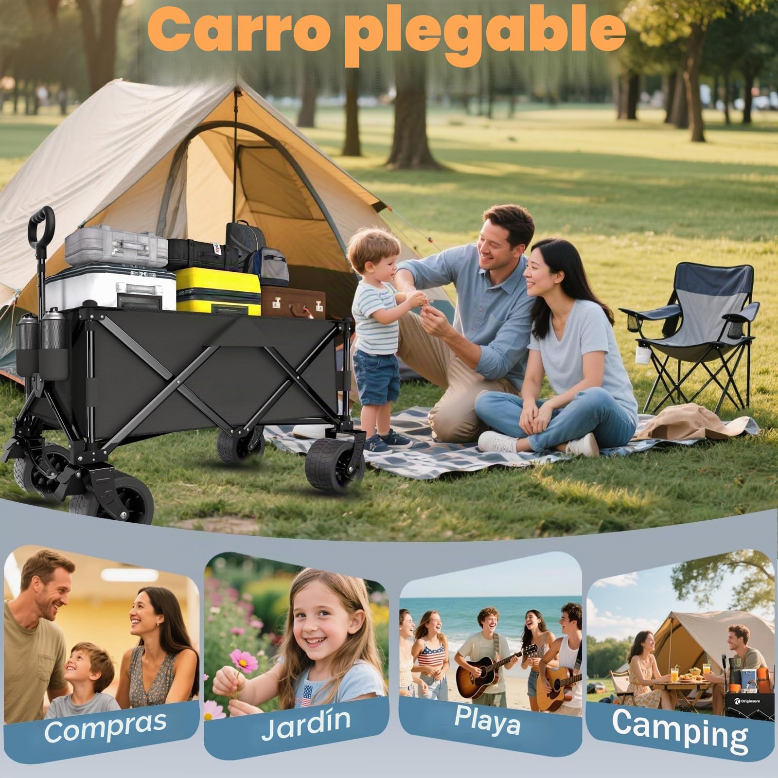 Carro Playa Plegable con Ruedas Grandes, Carrito Playa Plegable Asa Ajustables, Carro Transporte Playa ara Jardín Camping