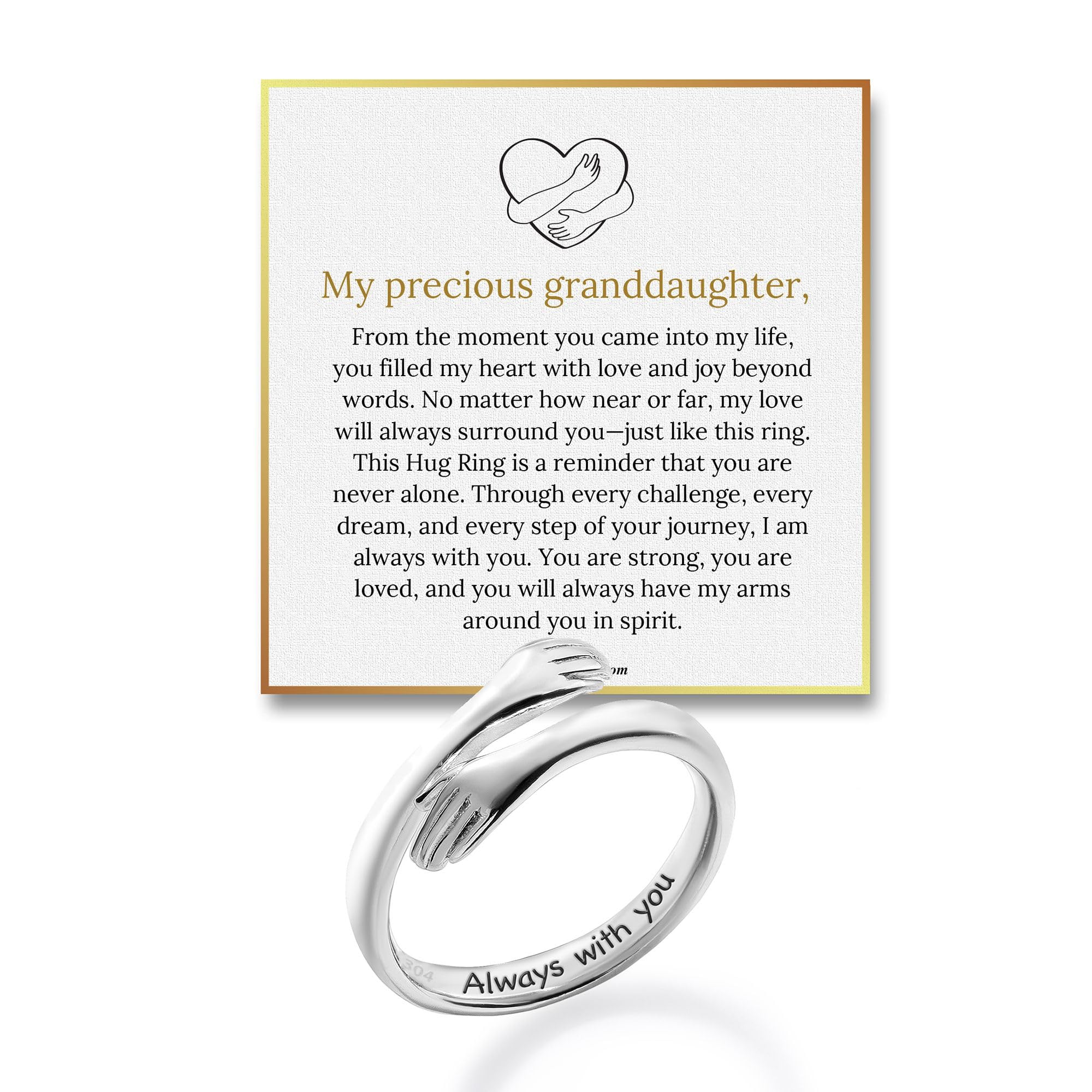 Granddaughter Hug Ring by Hope Rings – Inspirational 999 Pure Silver & 304 Stainless Steel Jewelry with “Always With You” Message – Adjustable Ring for Women – Tarnish Free Jewelry Gift for Her – Birthday Gift for Her Gift Box + Message Card
