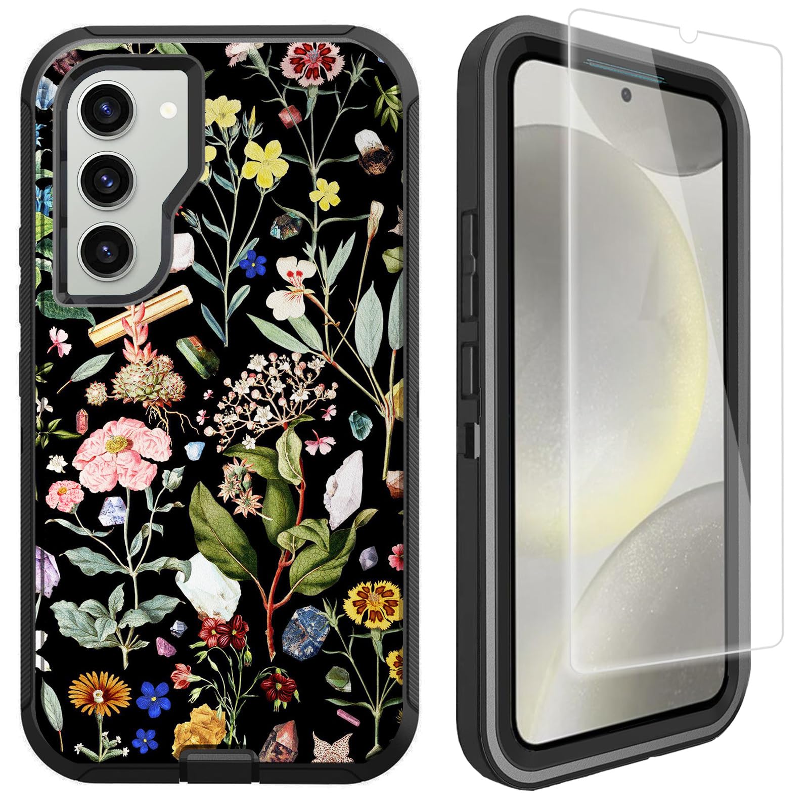 OTTARTAKS Compatible for Samsung Galaxy S23 Case with Screen Protector [Shockproof Heavy Duty] Cute Floral Protective Case for Girls Women, Black