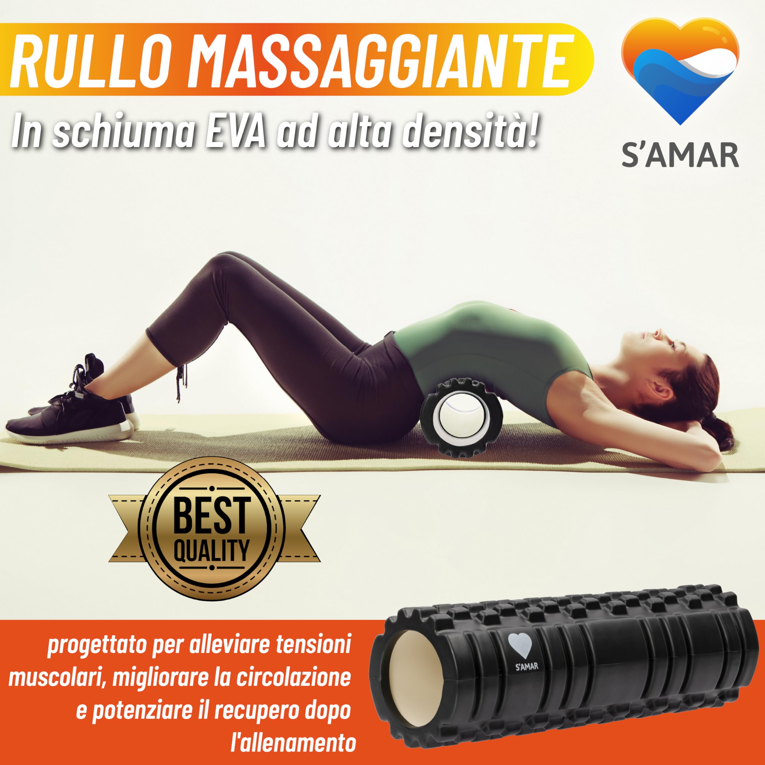Rullo Massaggio Muscolare – Foam roller pilates in EVA ad Alta Densità - Rullo per allenamento muscolare