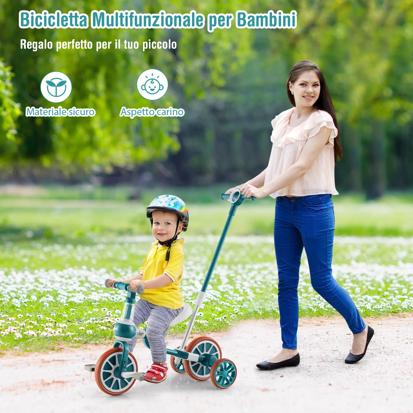 RELAX4LIFE 4 in 1 Triciclo per Bambini con Maniglione, Altezza Sedile a 2 Livelli, Maniglia di Spinta Regolabile e Pedali Rimovibili, Bicicletta Equilibrio per Bambini 2-4 anni (Verde)