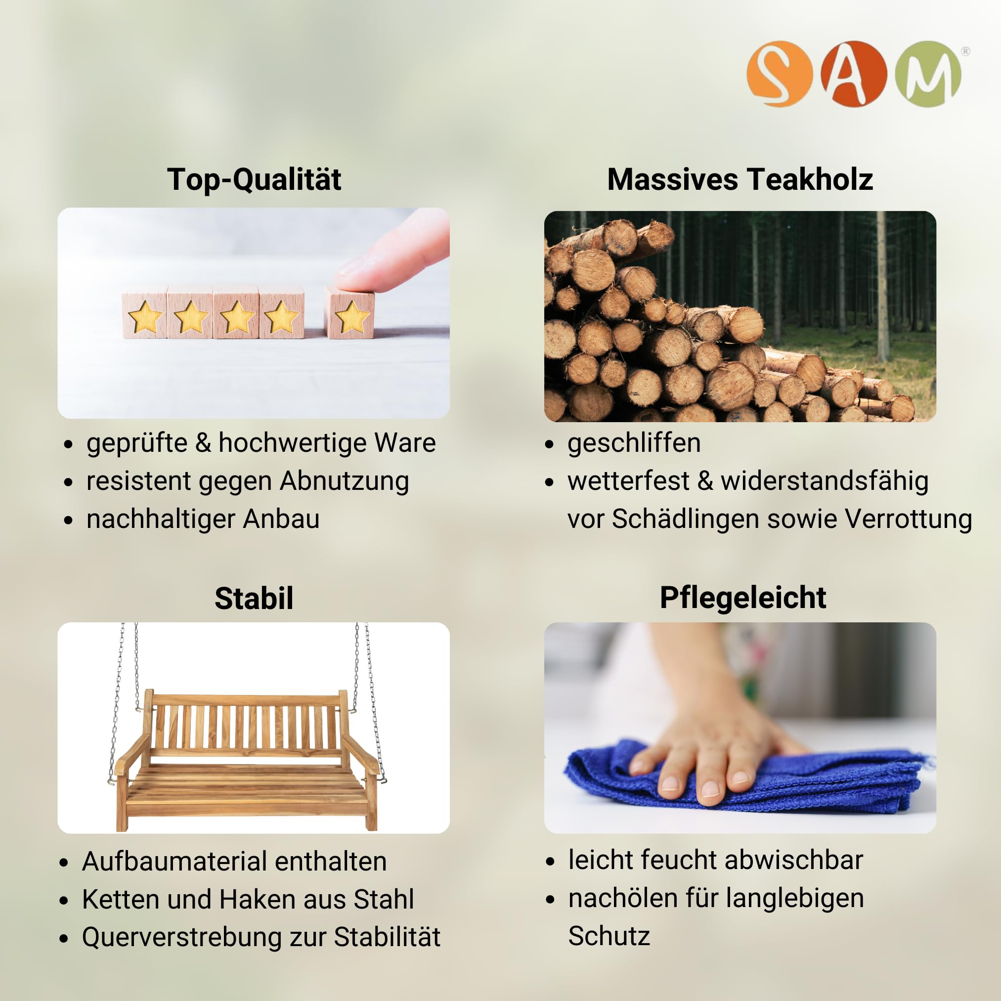 SAM 2-Sitzer Gartenschaukel Susana, hängende Bank 120 cm, Teakholz massiv, Schaukelbank für den Garten, pflegeleichtes Unikat