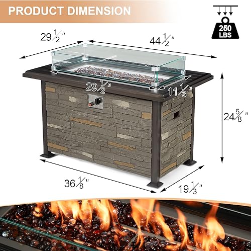 Miniatura 5 de Vicluke Mesa para fogata de propano de aluminio de 44 pulgadas con piedra de repisa sintética, cubierta de mesa pintada a mano, mesa de fuego de