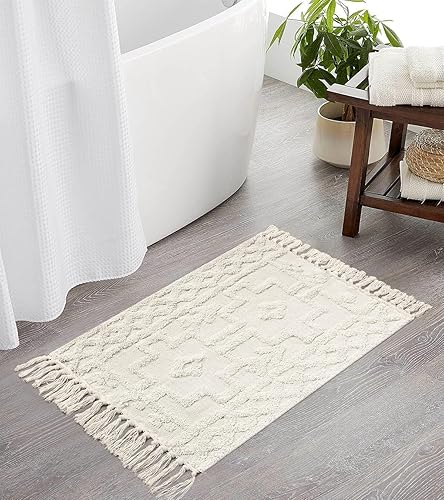 Miniatura 6 de Uphome Alfombra de baño bohemia de 2 x 3 pies, alfombra marroquí copetuda con borlas, alfombra rústica de algodón tejida lavable para entrada,