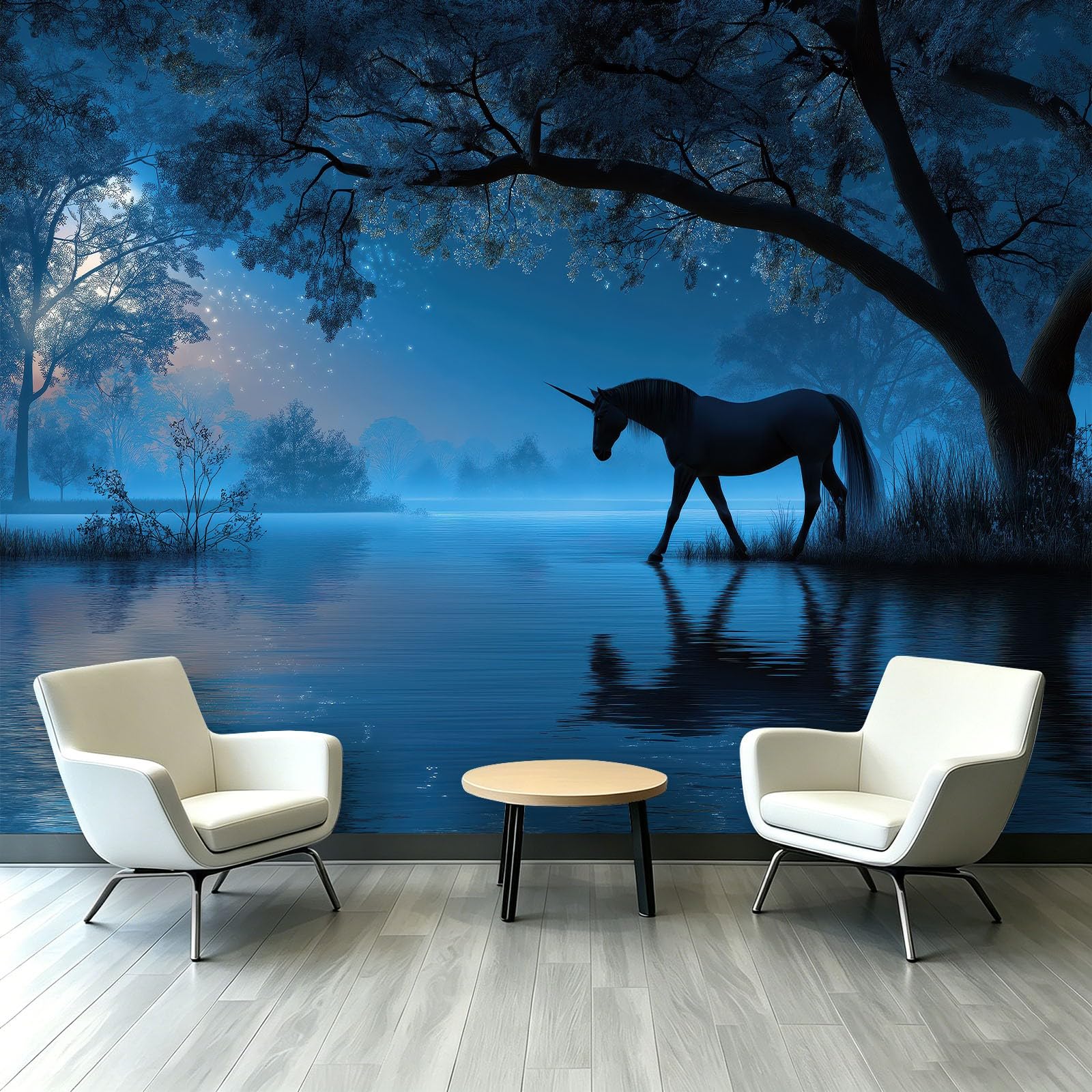 Générique Tapeta Jezioro Jednorożec Duże Panoramiczne Drzewo Ścienne, Włóknina Fantazyjna Tapeta Dżungla w mocy Salon Sypialnia Kuchnia, 3D Dekoracyjna Mural 300x210cm