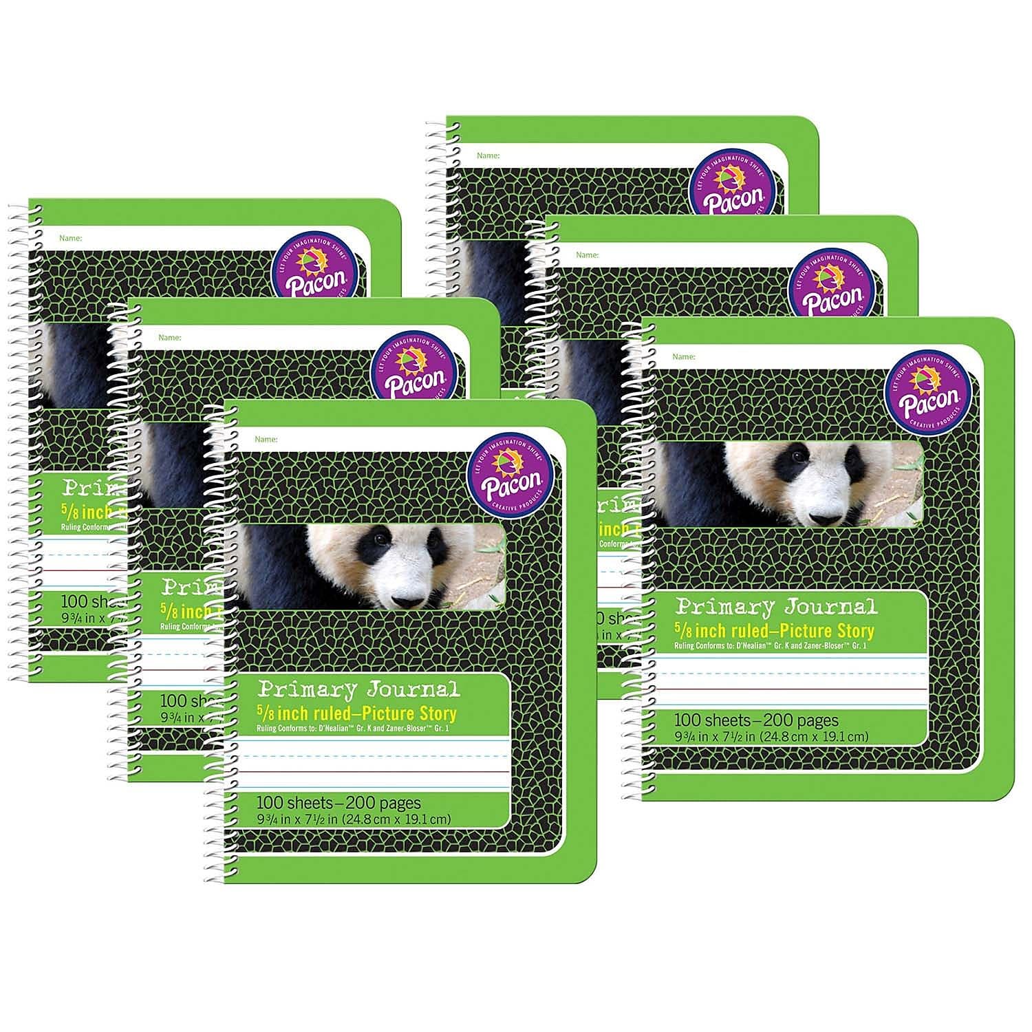 Pacon PAC2434-6 Primary Composition Book, Spiral Bound, D'Nealian/Zaner-Bloser, 5/8-Inch x 5/16-Inch x 5/16-Inch Picture Story Ruled, 100 Sheets, Pack of 6