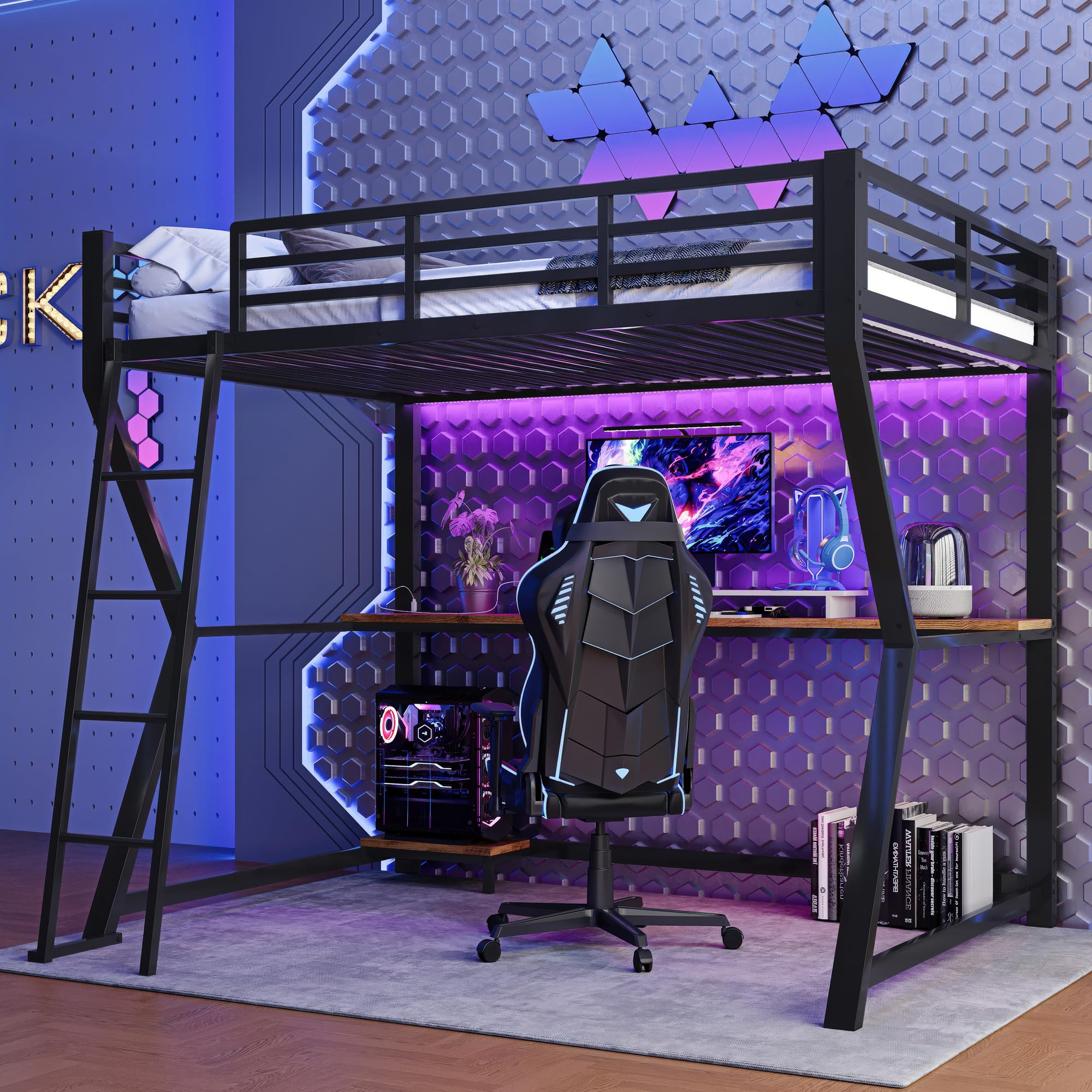 Letto a castello Letto singolo 90x200, Letto per bambini con letto a castello con luce LED e stazione di ricarica USB e scrivania e scaffale per console del computer, Letto in metallo singolo