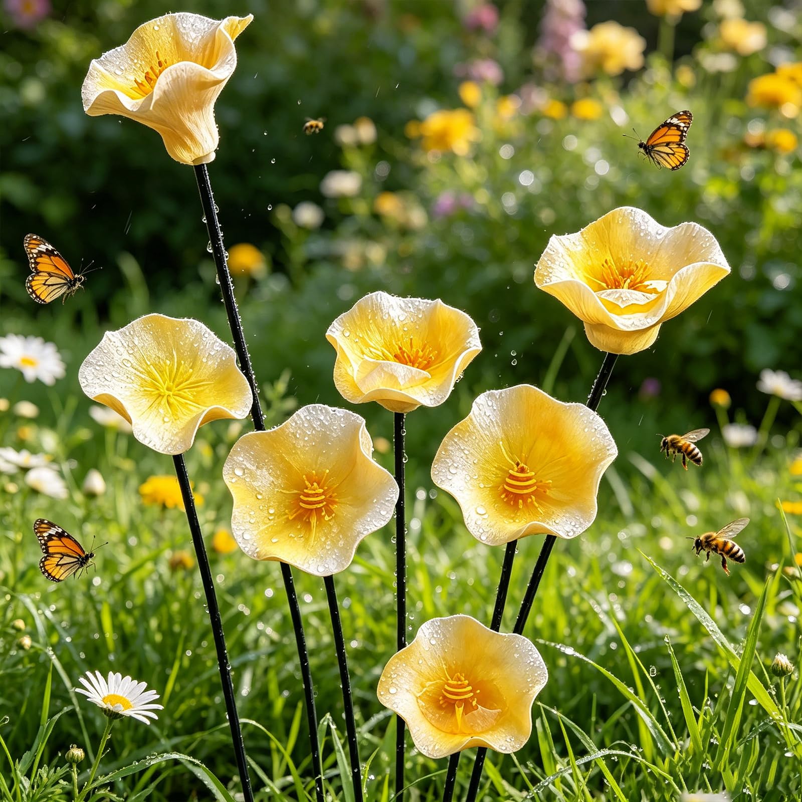 Handcrafted Ceramic Bee Watering Station, Mini Floral Pollinator Water Feeder, Weatherproof Butterfly Bird Bath Stake Ornament for Patio Lawn Balcony Planters Outdoor Garden-7PCS-Q — image 1
