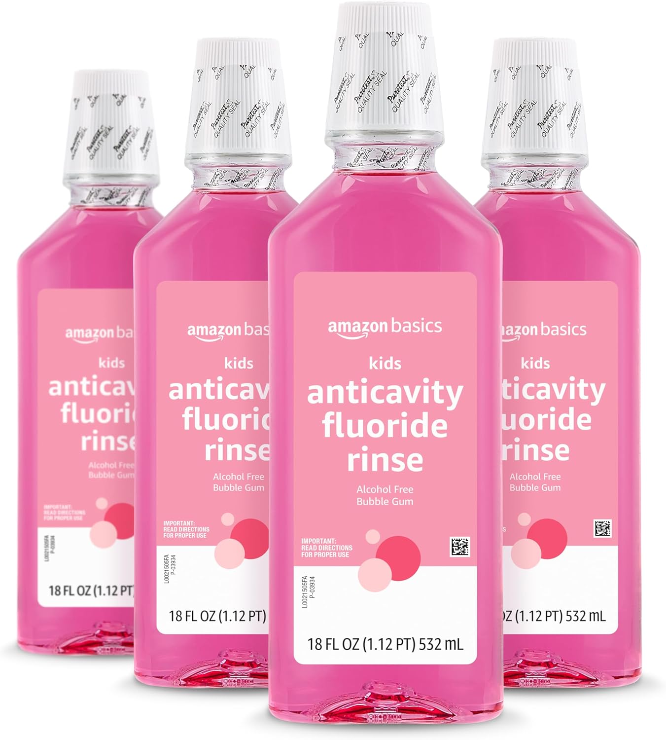 Amazon Basics Kids Mouthwash with Fluoride, Anticavity, Alcohol-Free Bubble Gum, 18 fl oz (Pack of 4)