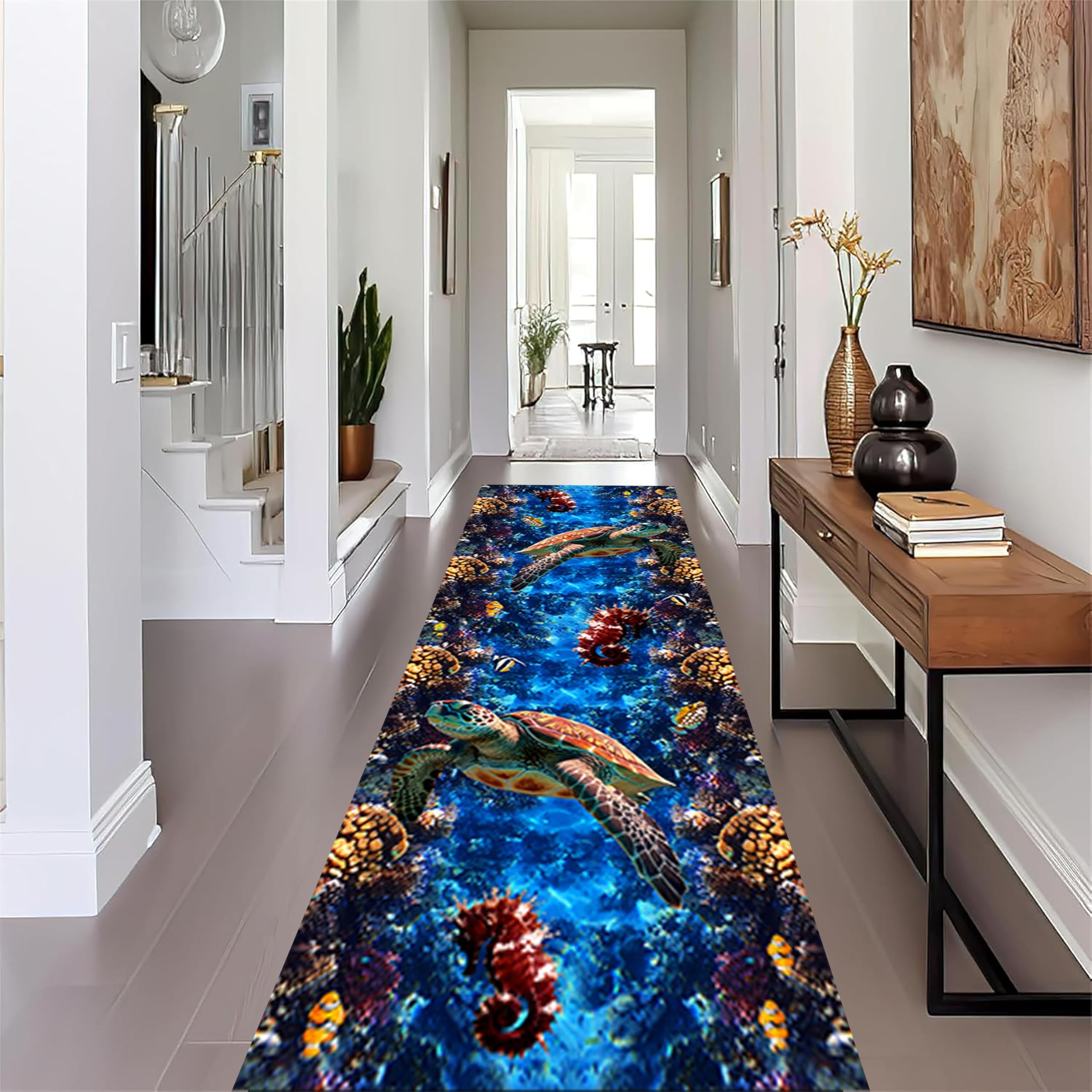 Sea Turtles Coastal Runner Rug for Hallway, 2x6ft, Underwater World Seahorse Clownfish Coral 3D Illusion Area Rug, Non-Shed Soft Ocean Decor Carpet