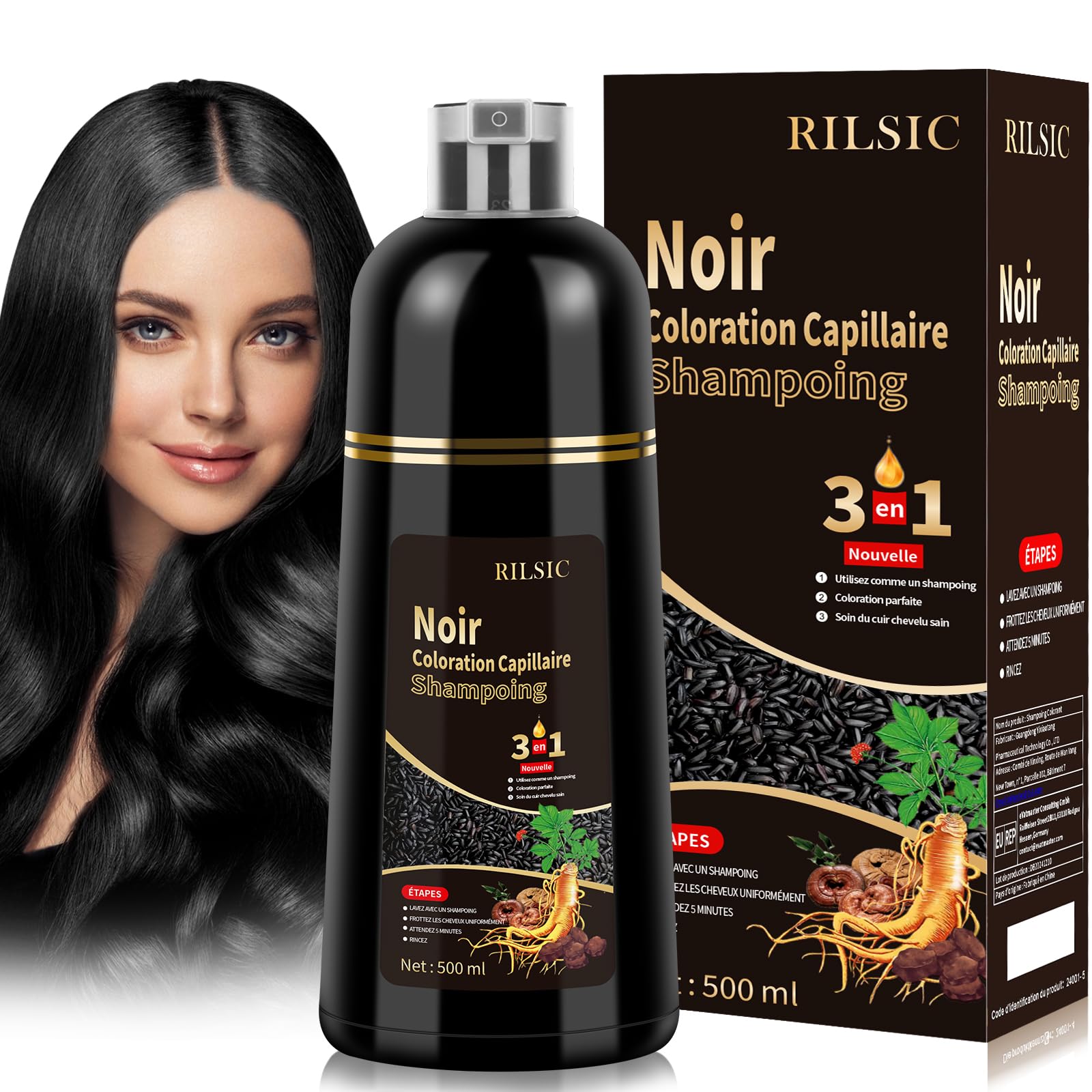 Shampoing colorant pour cheveux gris et barbe - Shampooing colorant instantané 3 en 1