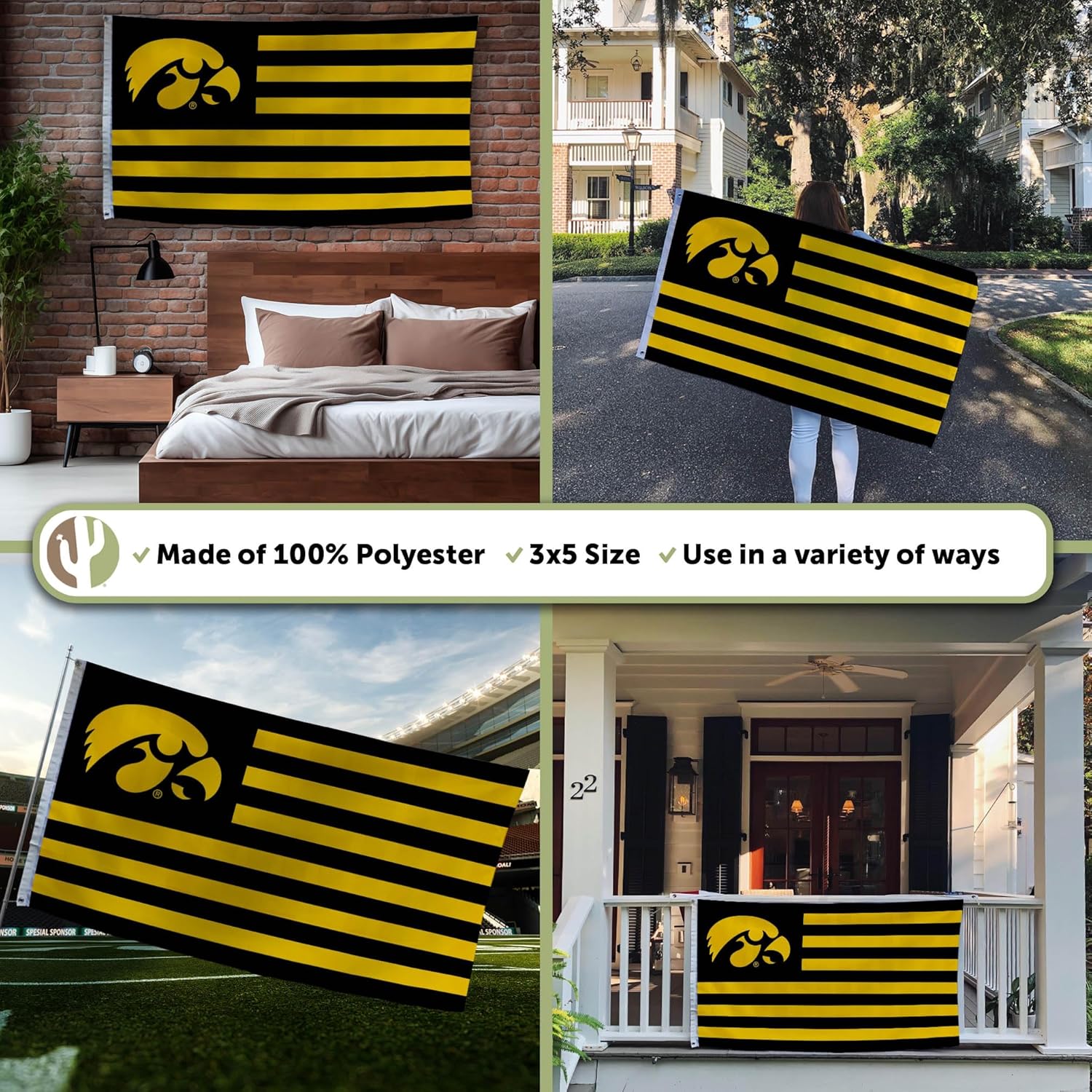 Desert Cactus University of Iowa Indoor and Outdoor 100% Polyester University Flag Banner, 3x5 Feet Hawkeyes (Nation) - Image 3