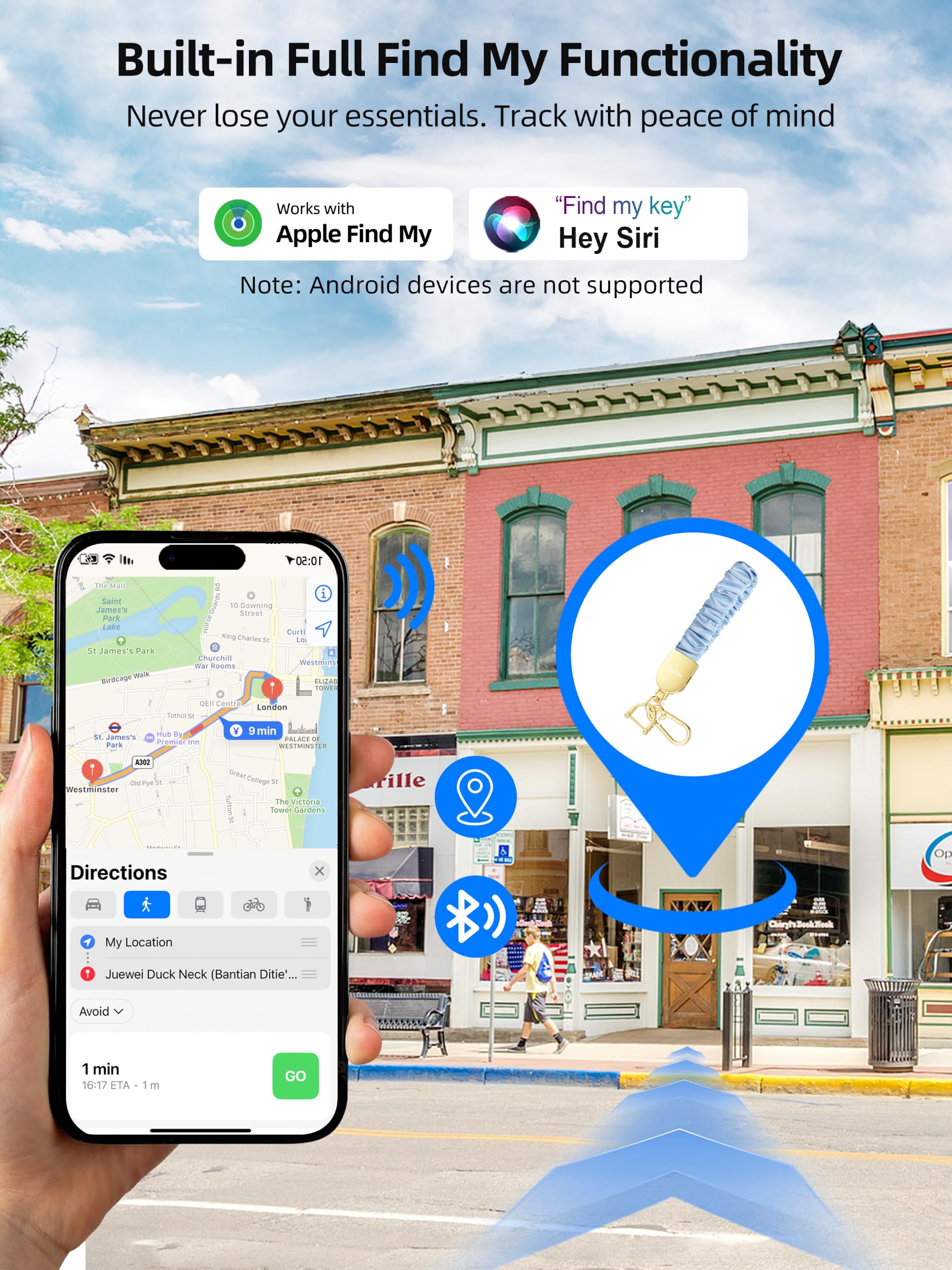 Portachiavi da polso, funziona con Apple Find My, elastico elastico per donne e uomini, portachiavi per auto con localizzatore GPS, ricerca chiavi intelligenti, ricaricabile, blu nebbia