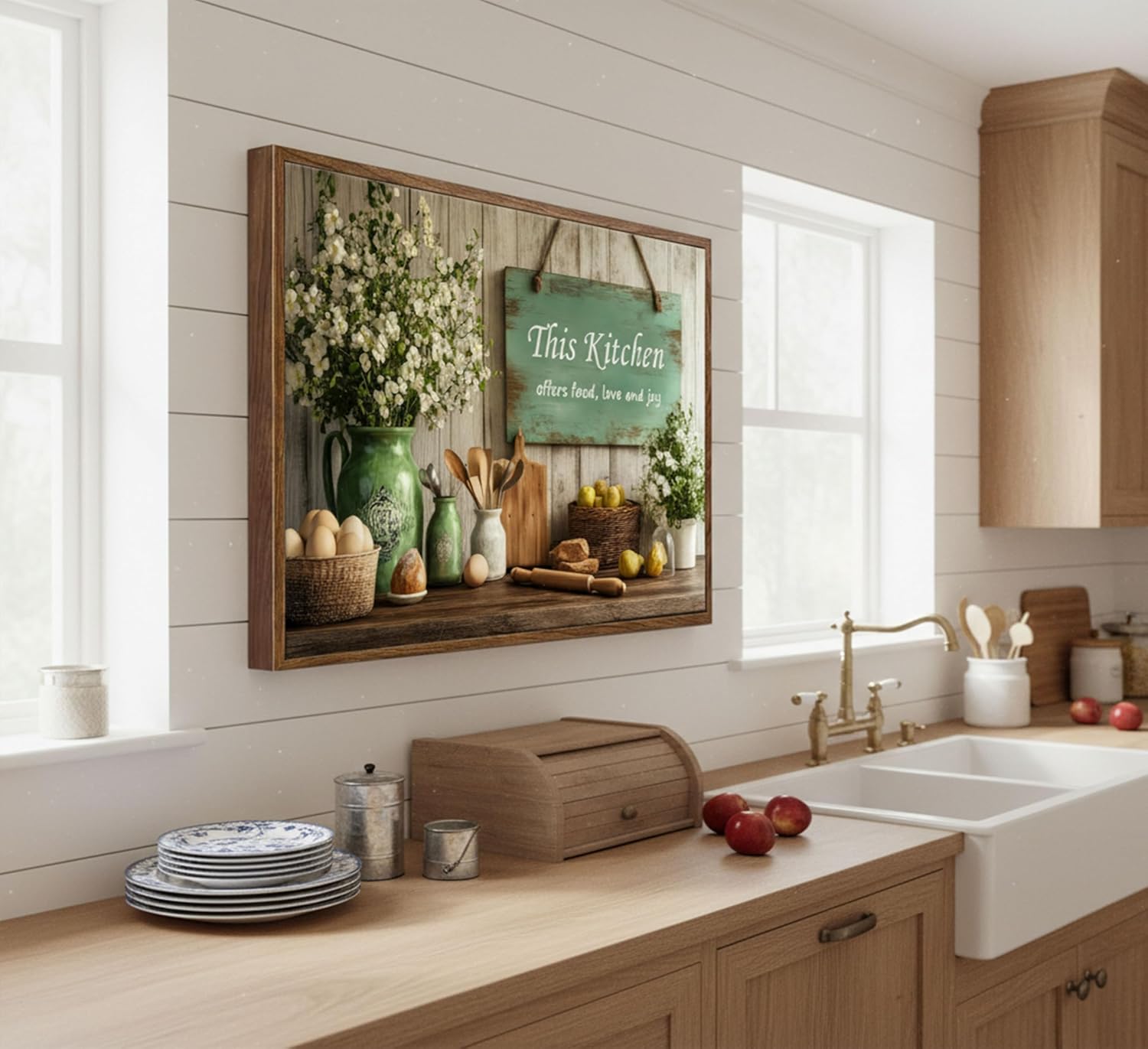 Framed Country Kitchen Food Still Life Canvas Wall art Vintage Rustic Farmhouse This Kitchen Offers Food Love and Joy Painting Picture Wall Decor Poster Print Artwork for Dining Room Home Decoration