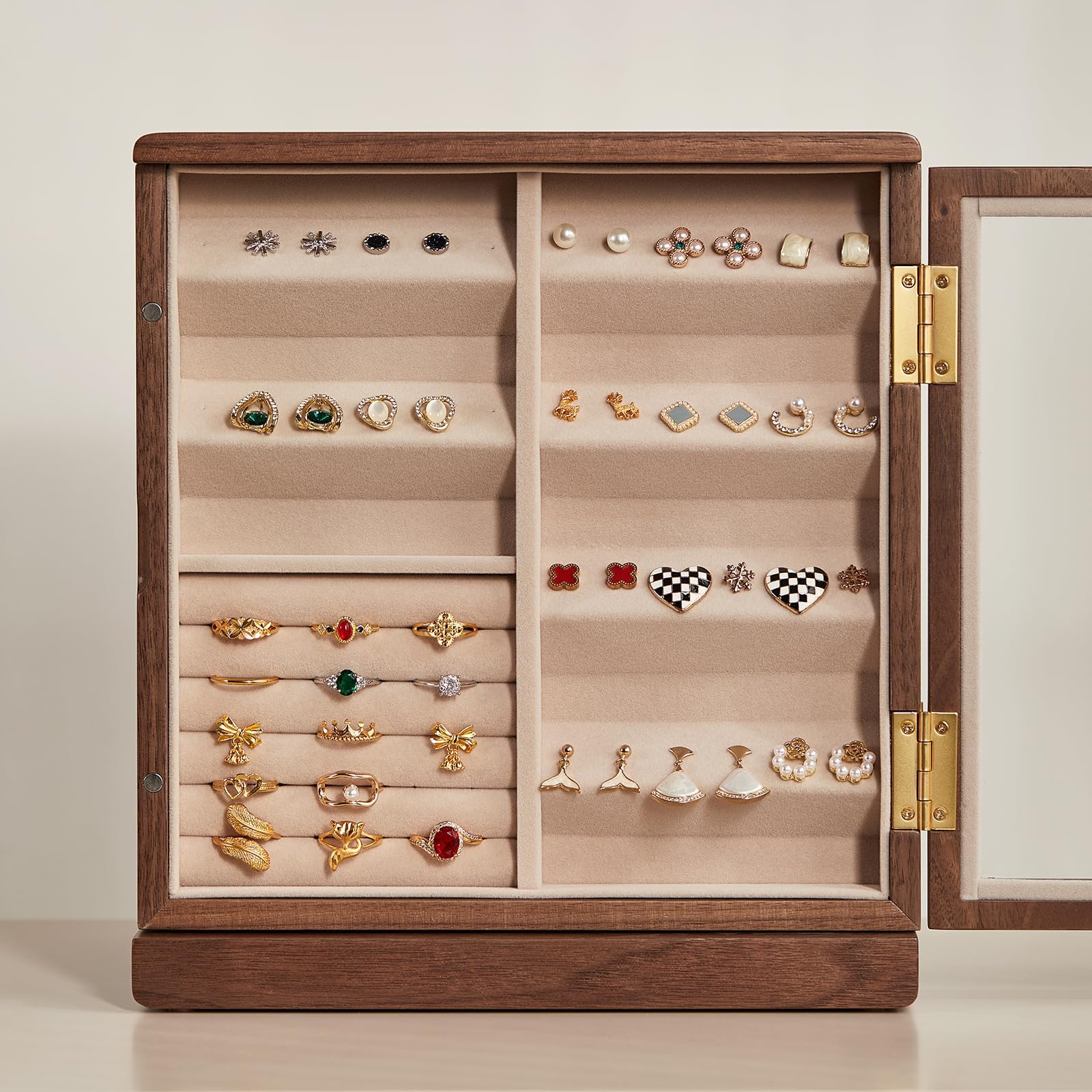 grande Joyero de nogal negro, organizador de joyas de madera giratorio 360° con cinco cajones y ventanas laterales de vidrio, Regalo para Ella