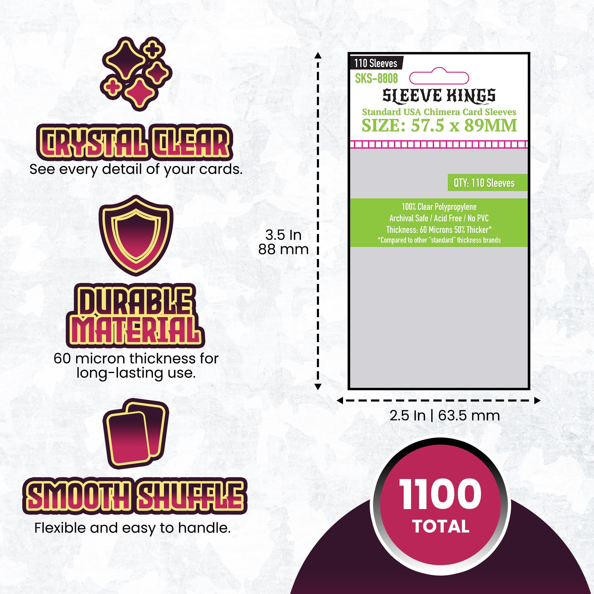Amazon.com: Sleeve Kings Standard USA Chimera Card Sleeves 57.5 X 89 mm  (10x110 Pack, 1100 Sleeves) : Toys & Games