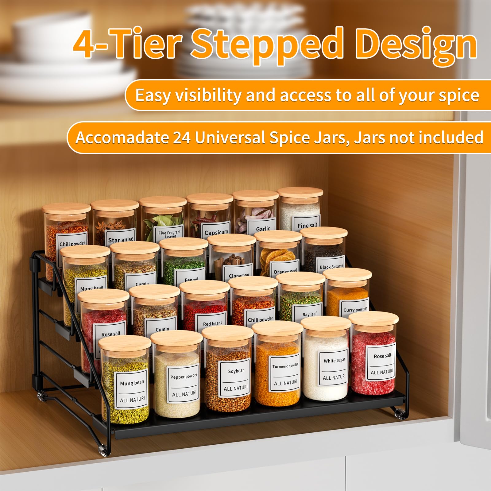 RCHYFEED Lot de 2 étagères à épices pour placard, garde-manger, étagère à épices à 4 niveaux, organisation facile à visibilité, étagère extensible pour assaisonnement pour armoire (noir, lot de 2)