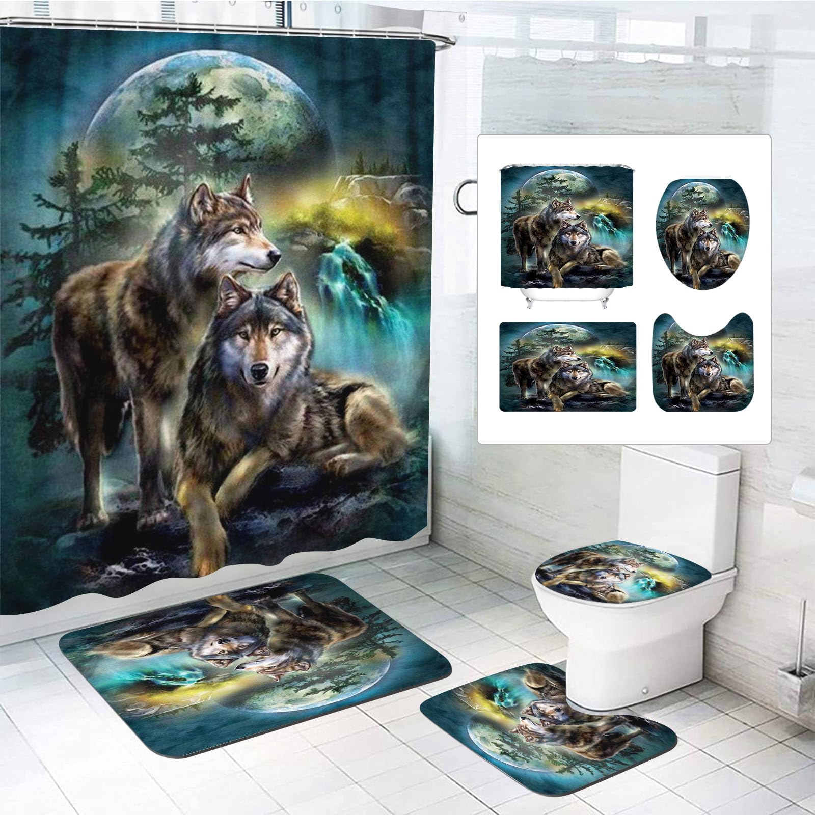 SMchwbc Wolf Shower Curtain 180 x 180 cm 180 x 200 cm Wolves Textile Forest Animal Shower Curtains Set Polyester Fabric Wild Animals Shower Curtains Bathroom Rug 4-Piece Set (180 x 180 cm (W x H), 8)