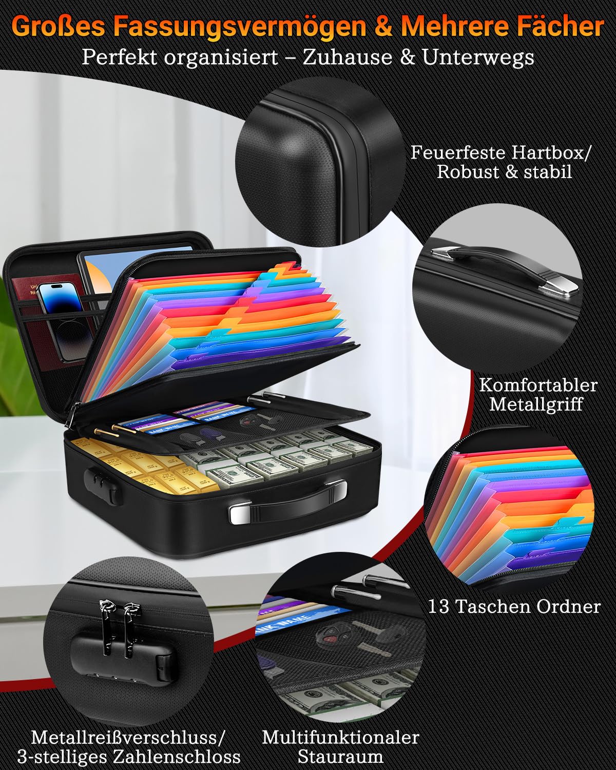 Boîte à documents ignifuge – Organisateur de documents rigides avec serrure à combinaison et 13 compartiments, portable, imperméable, ignifuge, pour fichiers A4, certificats, ordinateur portable et