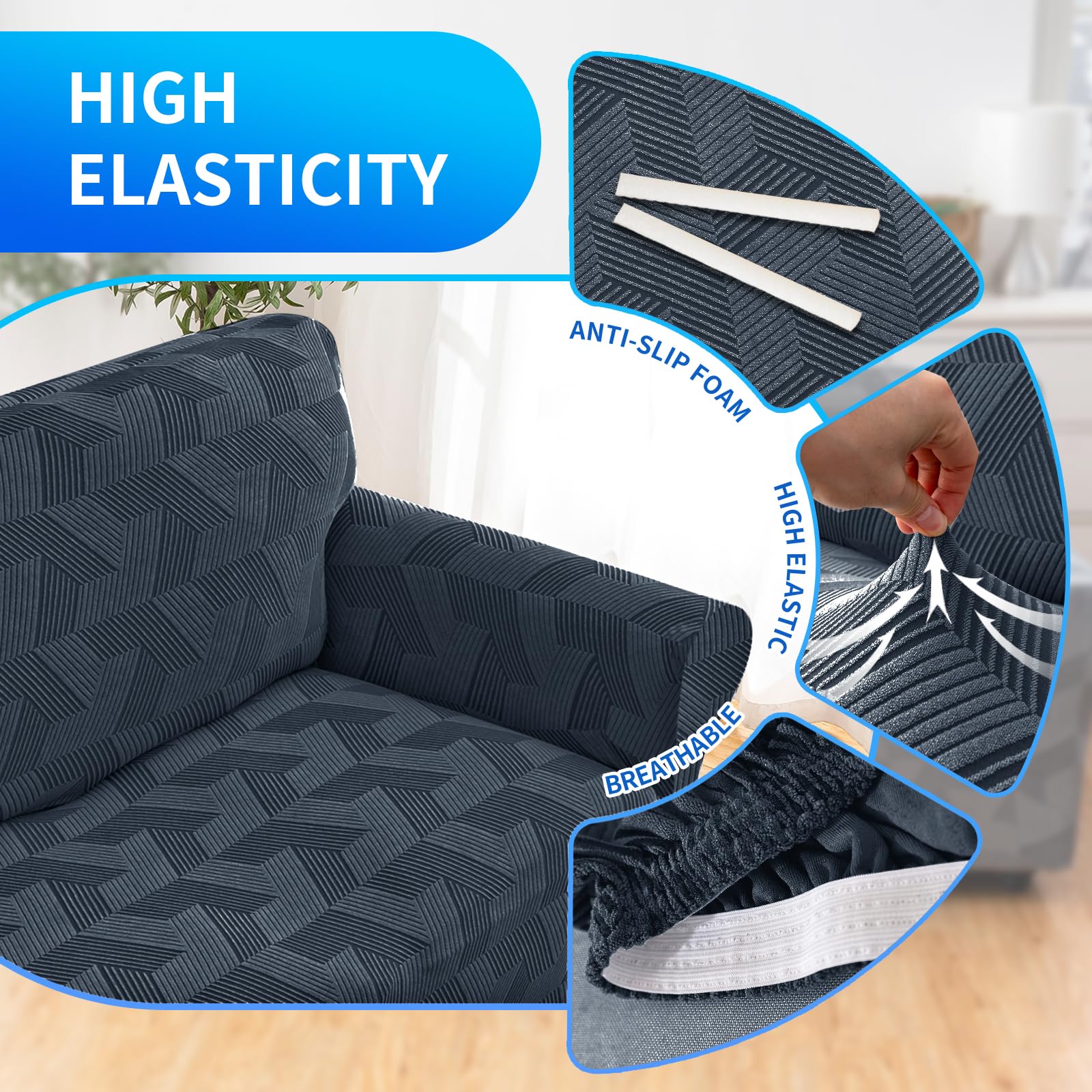 Elastischer Sofa Überzug 3 Sitzer Mit Armlehne, Couch Bezug Universal, Sofa Überzug rutschfest, Kratzfester Sofabezug, Waschbarer Couchschoner, Sofa Covers Für Wohnzimmer, Dunkelgrau
