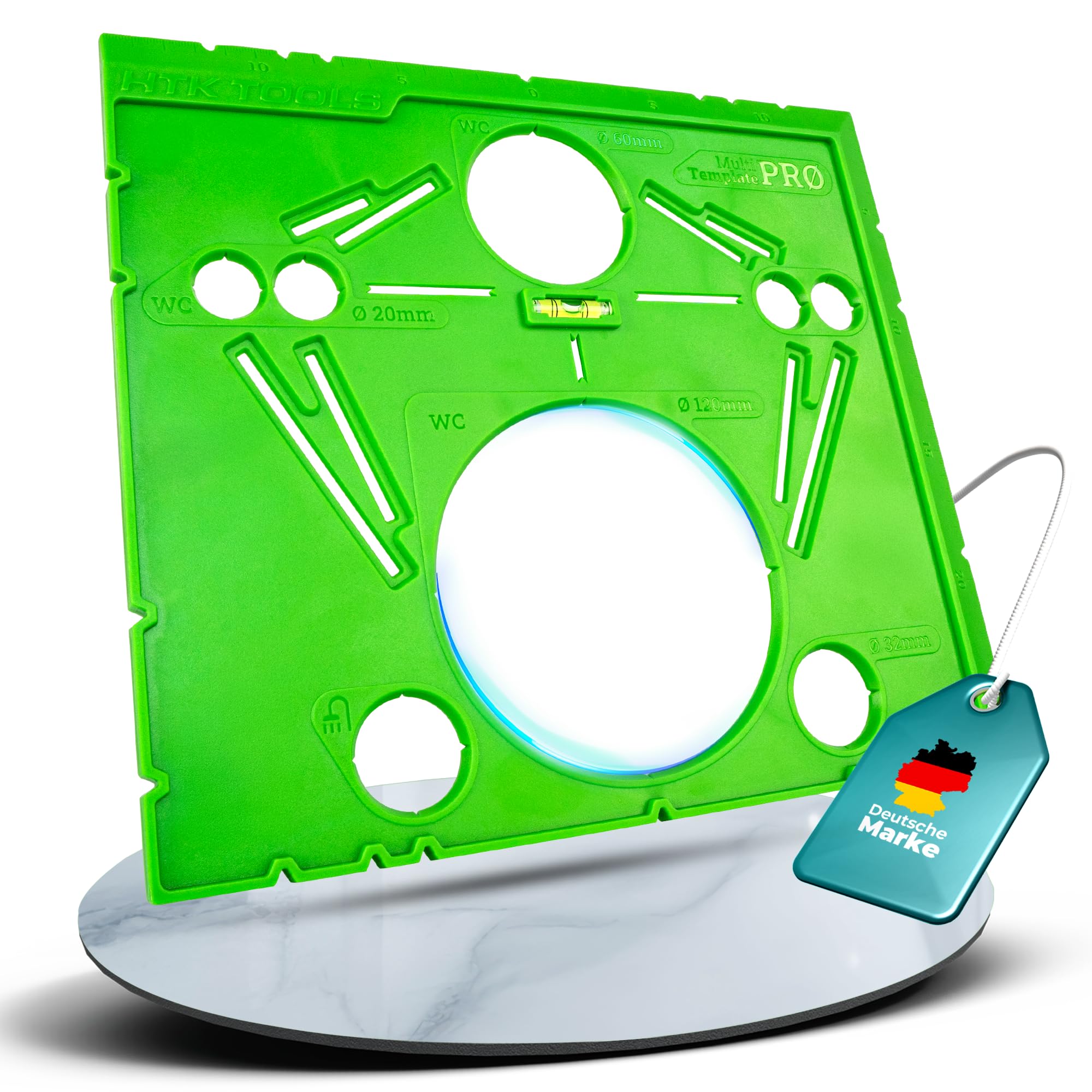 HTK Tools - Anzeichenschablone für Wand-WC - kompatibel mit Geberit, GROHE, Lavita, TECE – Präzises Anzeichnen auf Fliesen & Gipskarton – Lochbild WC Schablone 18/23 cm, Fliesenleger Werkzeug