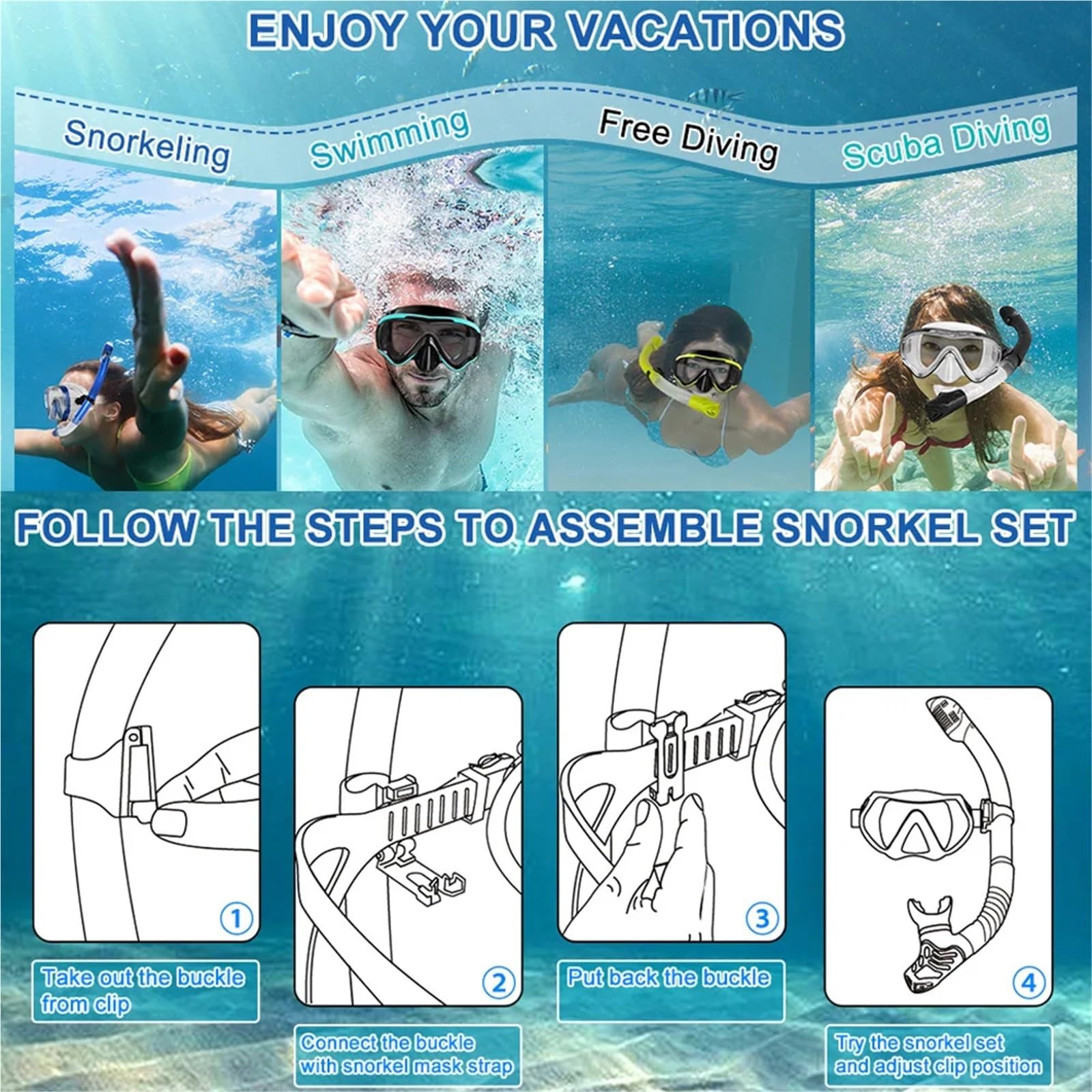 Kit de de Buceo Máscaras de Buceo, Equipo de Snorkel, Falda de Silicona para Adultos, Gafas antivaho, Equipo para Piscina Buceo(Blue Set)