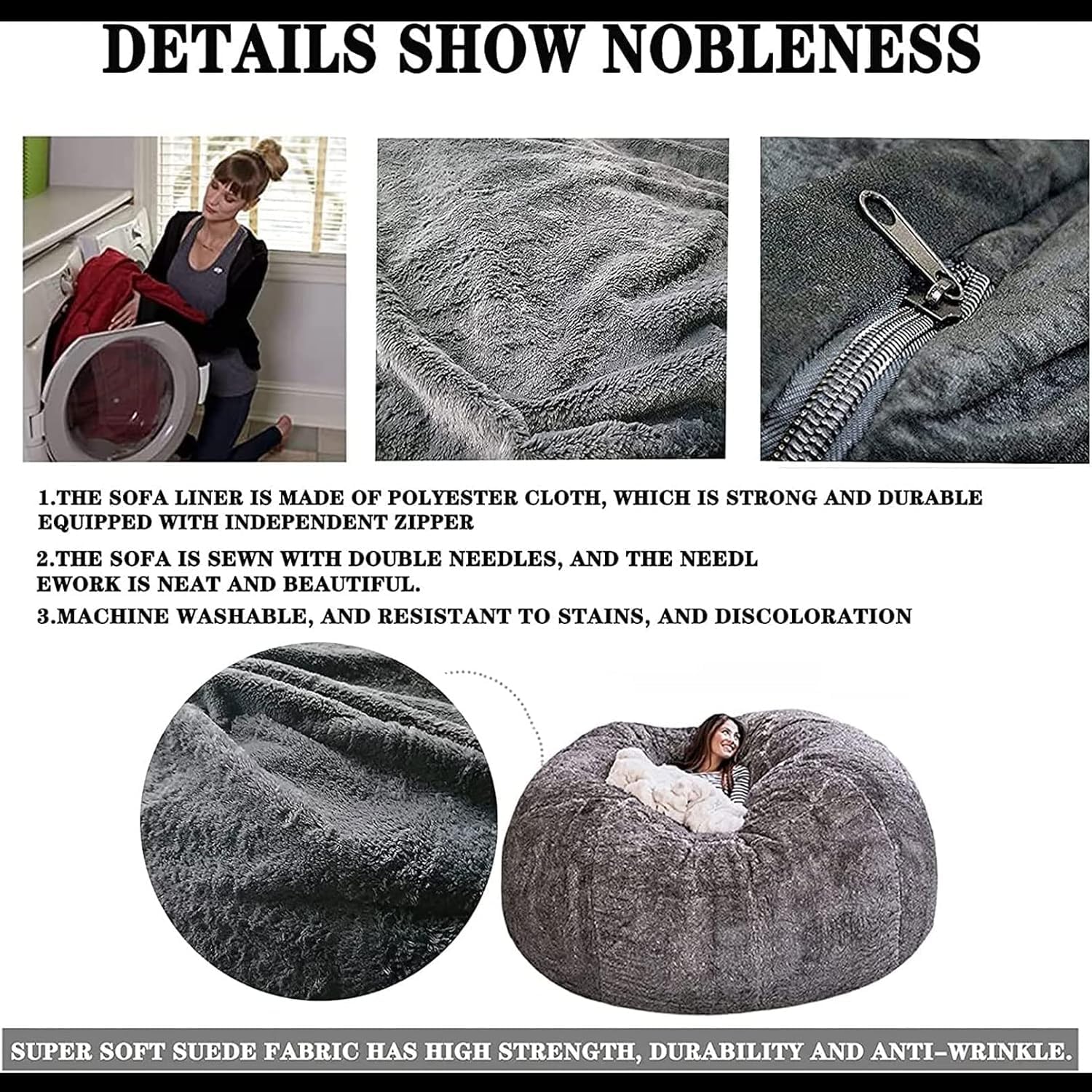 Pokrowiec Na Sofę Z Gigantyczną Torbą Fasoli, Queen Size, Szary, Miękki I Wygodny Puszysty Sztuczny Futro, Zmywalny, Do Użytku W Pomieszczeniach, Rodzina, Dzieci, Dorośli, Grey, King
