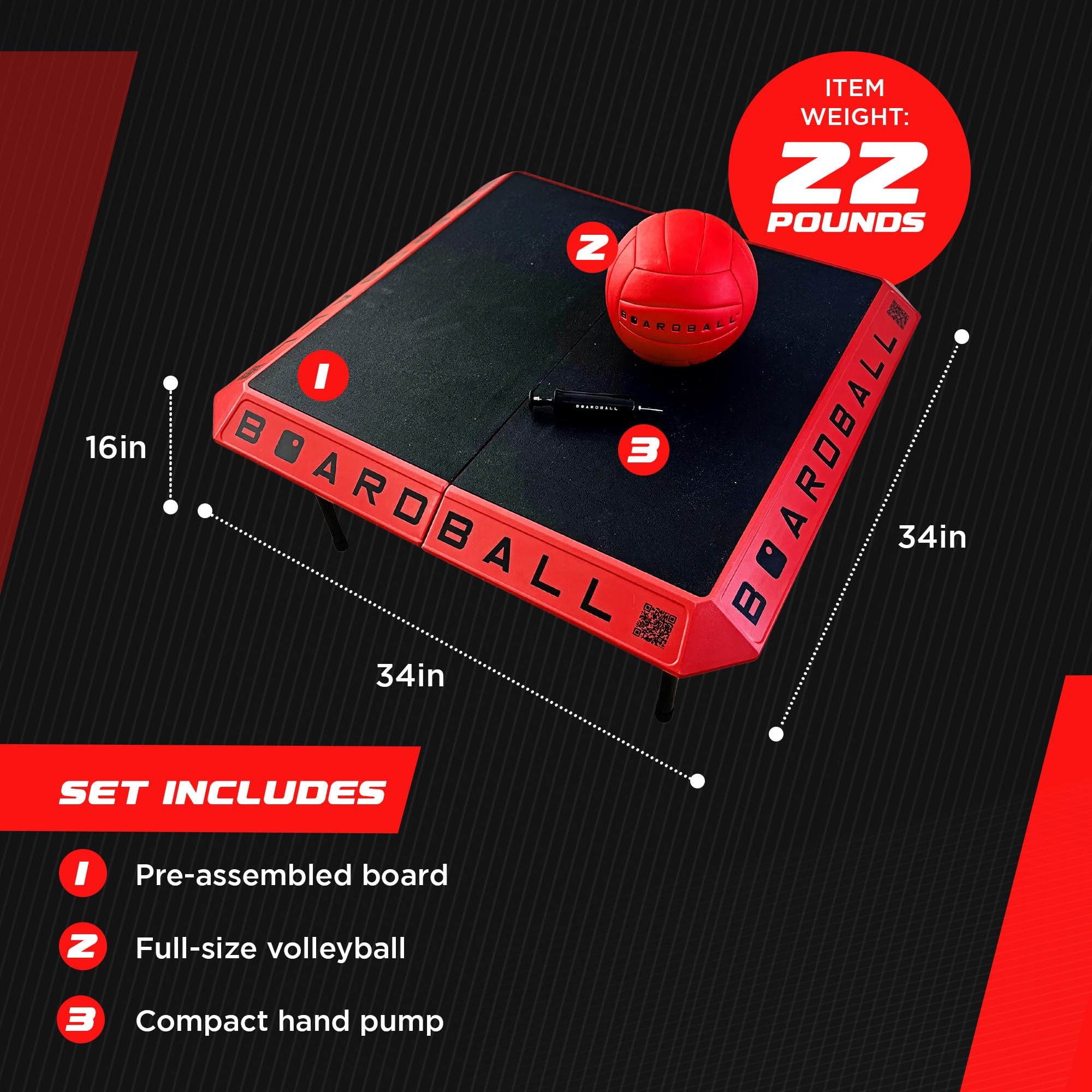 Boardball Juego de mesa de voleibol portátil deportivo, juego para interiores y exteriores con tablero de superficie superior de goma, pelota de tamaño completo y bomba de mano, rojo/negro