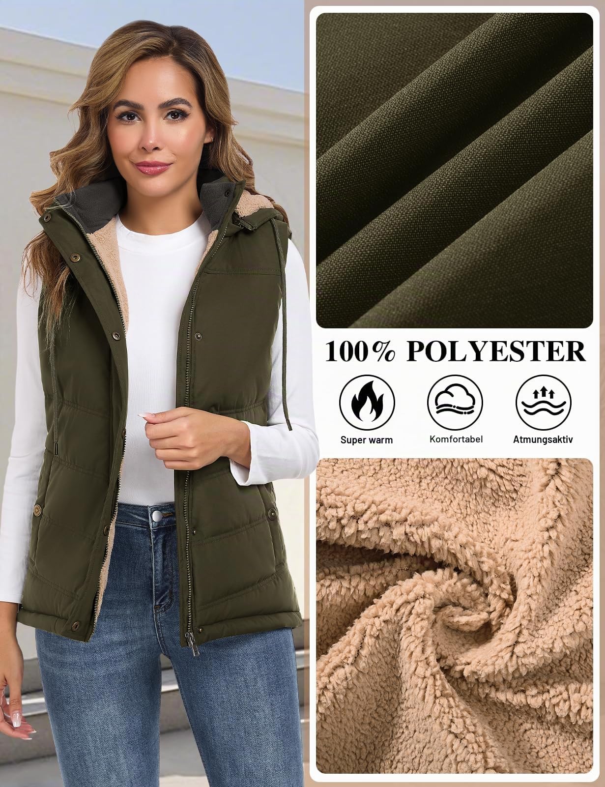 heekpek Damen Weste mit Kapuze Winterweste Ärmellose Fleeceweste Steppweste Kurz Reißverschlüsse Outdoor Warme Damenwesten Ärmellose Jacke Herbst Thermoweste