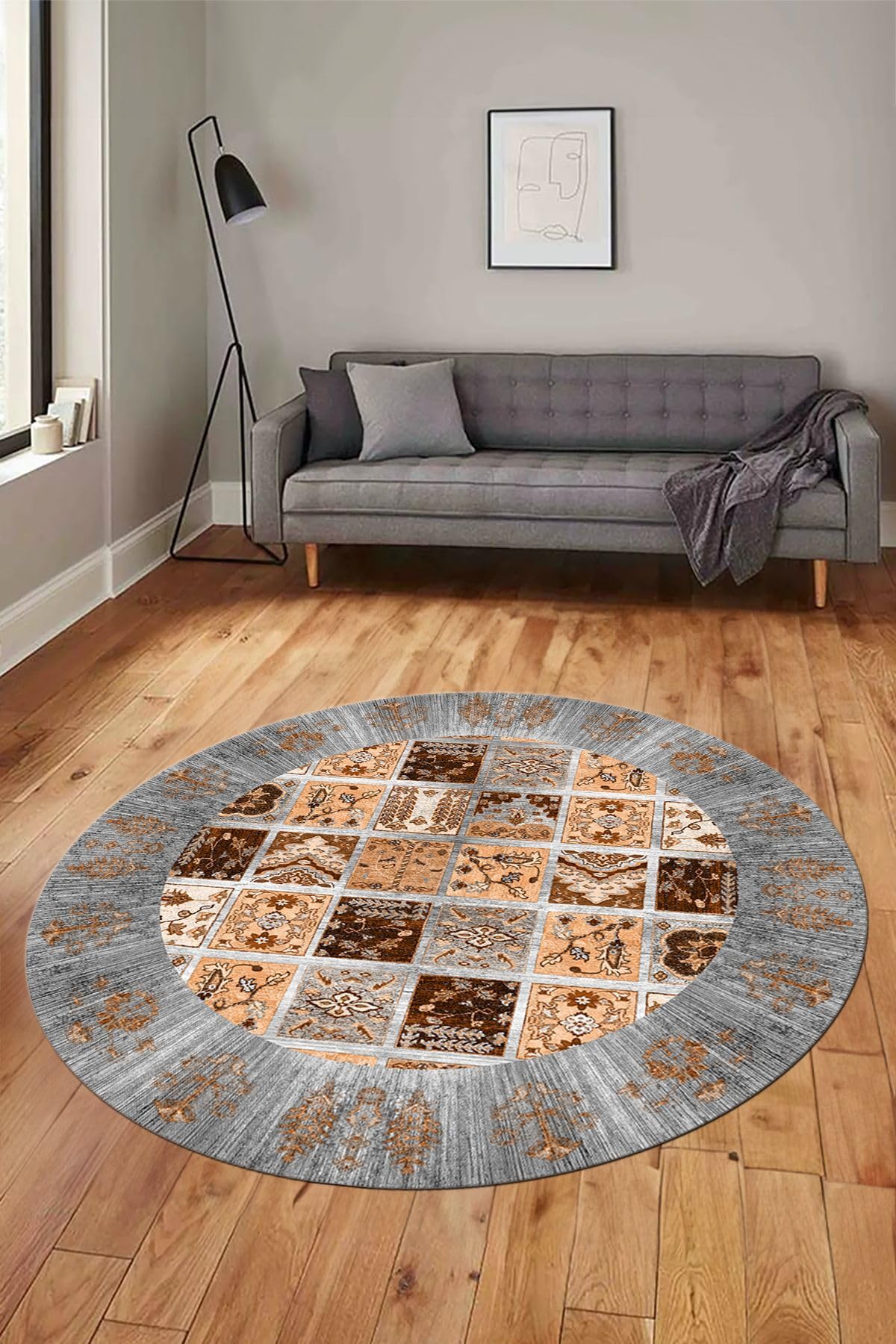 Evdeya Yeni Etnik Desen Kaymaz Taban Yıkanabilir Yuvarlak Mutfak Salon Koridor Halısı Y-ETNİK-18, Gri, 100 x 100