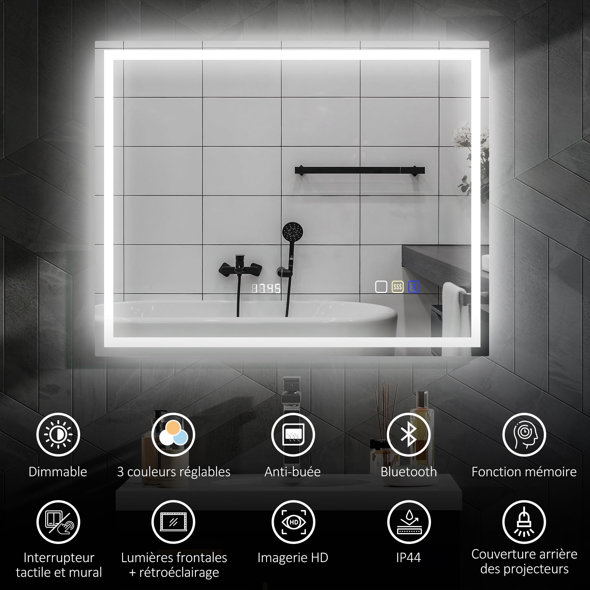 HOMCOM Miroir Salle de Bain Bluetooth avec éclairage LED 80 x 100 cm, Miroir Lumineux Salle de Bain Mural avec Interrupteur Tactile, lumière réglable 3 Couleurs, Anti-buée, mémoire - Argent