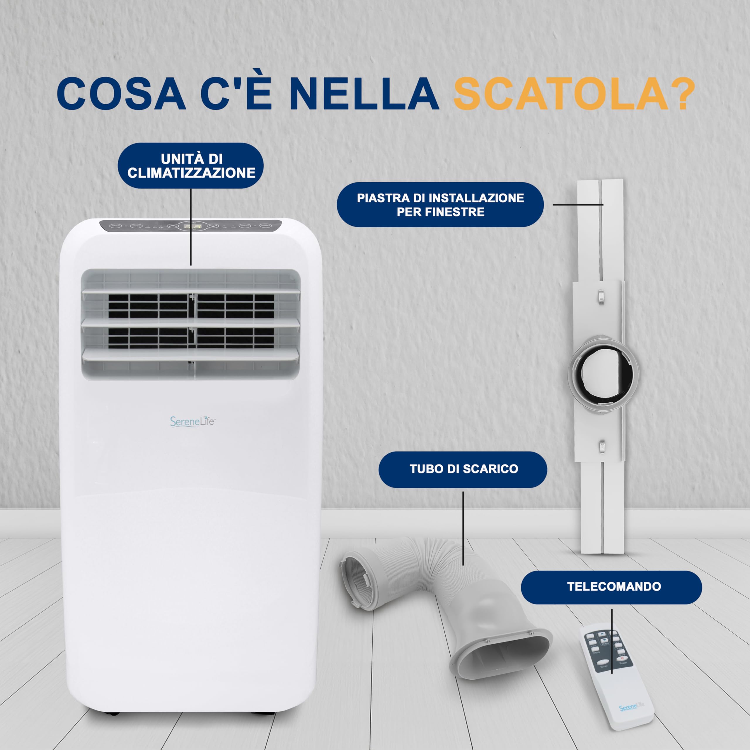 SereneLife Condizionatore Portatile 3-in-1, Deumidificatore Integrato, Ventilatore, Telecomando, Kit Scarico Finestra, 9,000 BTU, Classe A