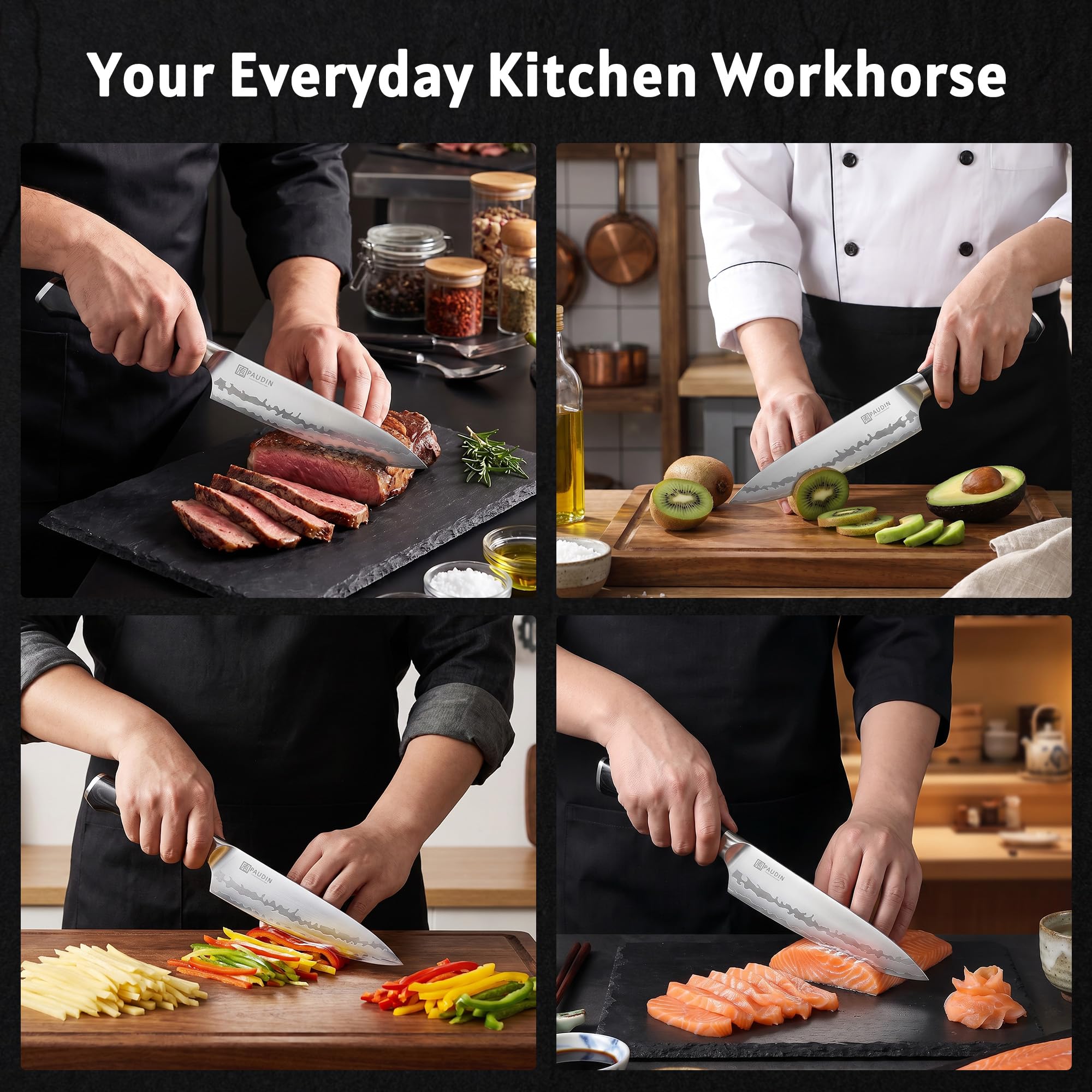 PAUDIN Chef Knife 8 Inch, Ultra Sharp Kitchen Knife 62 HRC, 9-Layer High Carbon Steel Professional Chefs Knife with Full Tang Ergonomic Wood Handle, Meat Vegetable Slicing Knife,Gift for Men Women — Amazon image 2