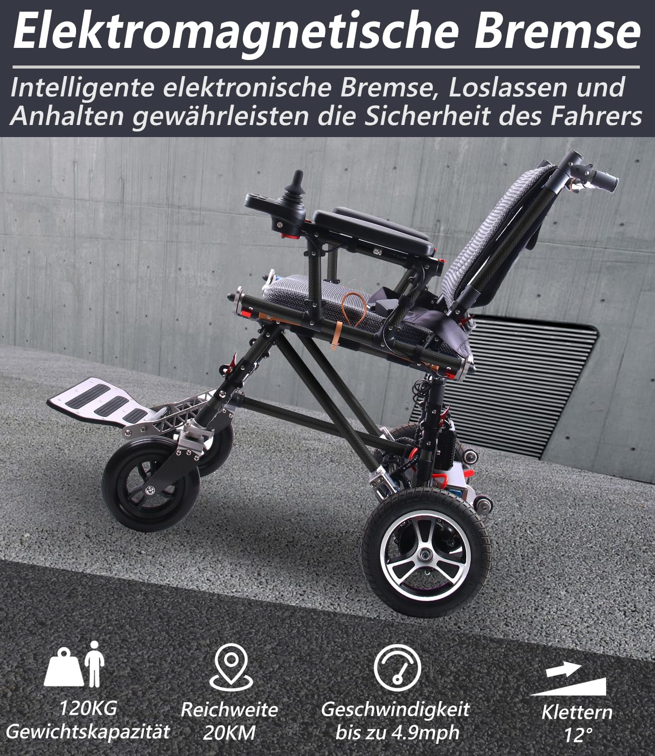 Silla de ruedas eléctrica ultraligera de fibra de carbono (17 kg) | Capacidad de carga: 120 kg y autonomía: 25 km | Batería: 12 Ah