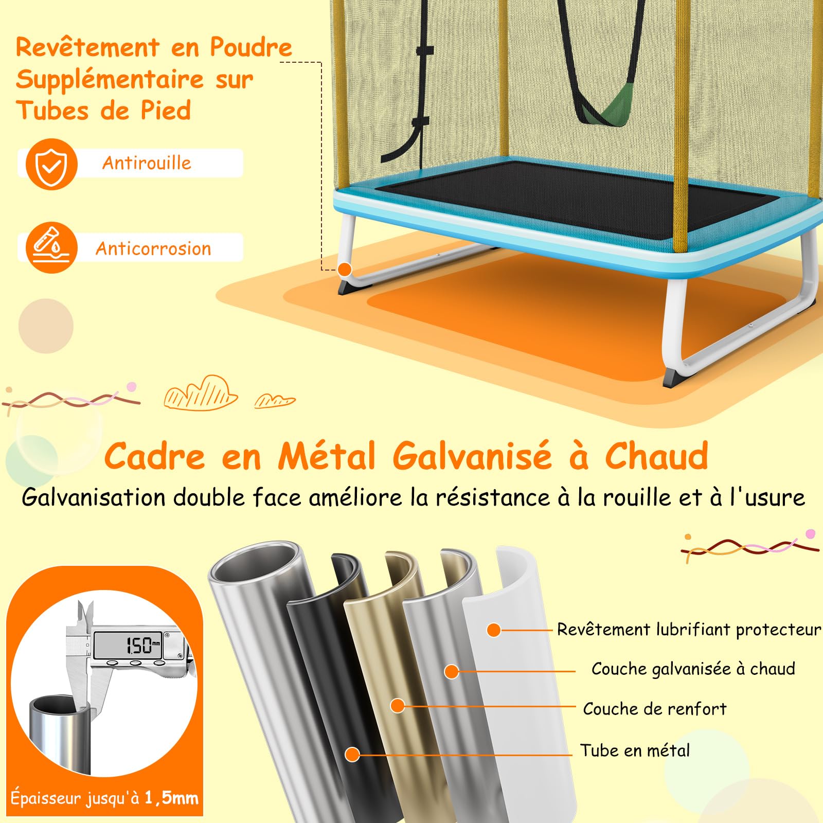 COSTWAY 3 en 1 Trampoline Extérieur Enfants Rectangulair (190x124cm) avec Balançoire & Barre Horizontale, Trampoline de Jardin avec Filet de Sécurité, Charge Max 100kg pour Garçon et Fille