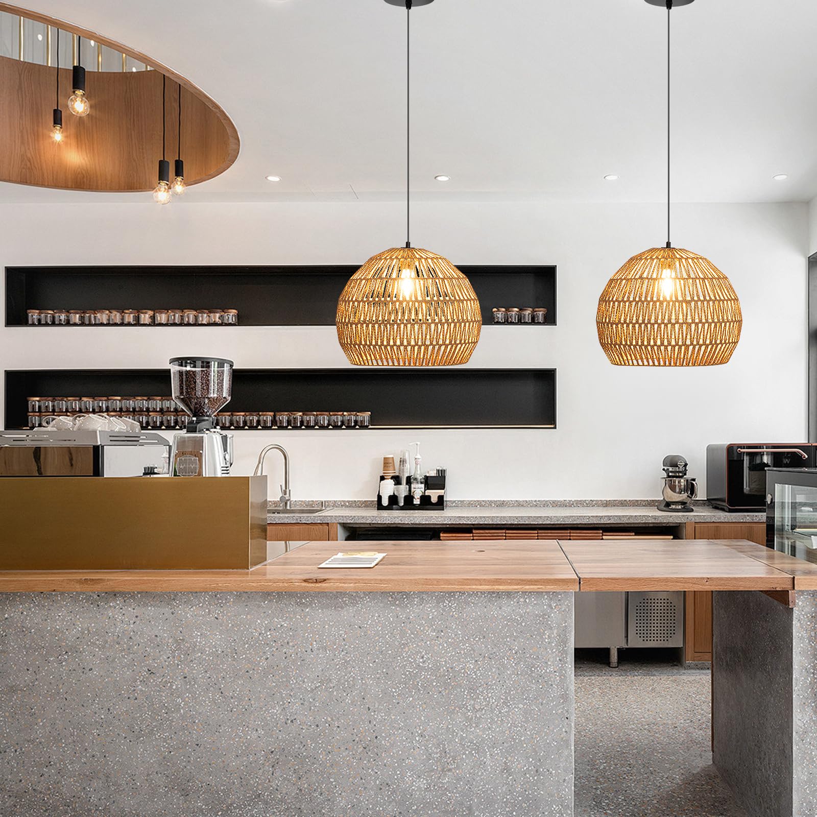 COSTWAY geflochtene Pendelleuchte, Boho Deckenleuchte mit verstellbarer Aufhänghöhe, Bauernhaus Hängelampe mit E27-Basis (Lichtquelle nicht enthalten) für Küche, Schlafzimmer, 43 x 34 cm (kaffee)