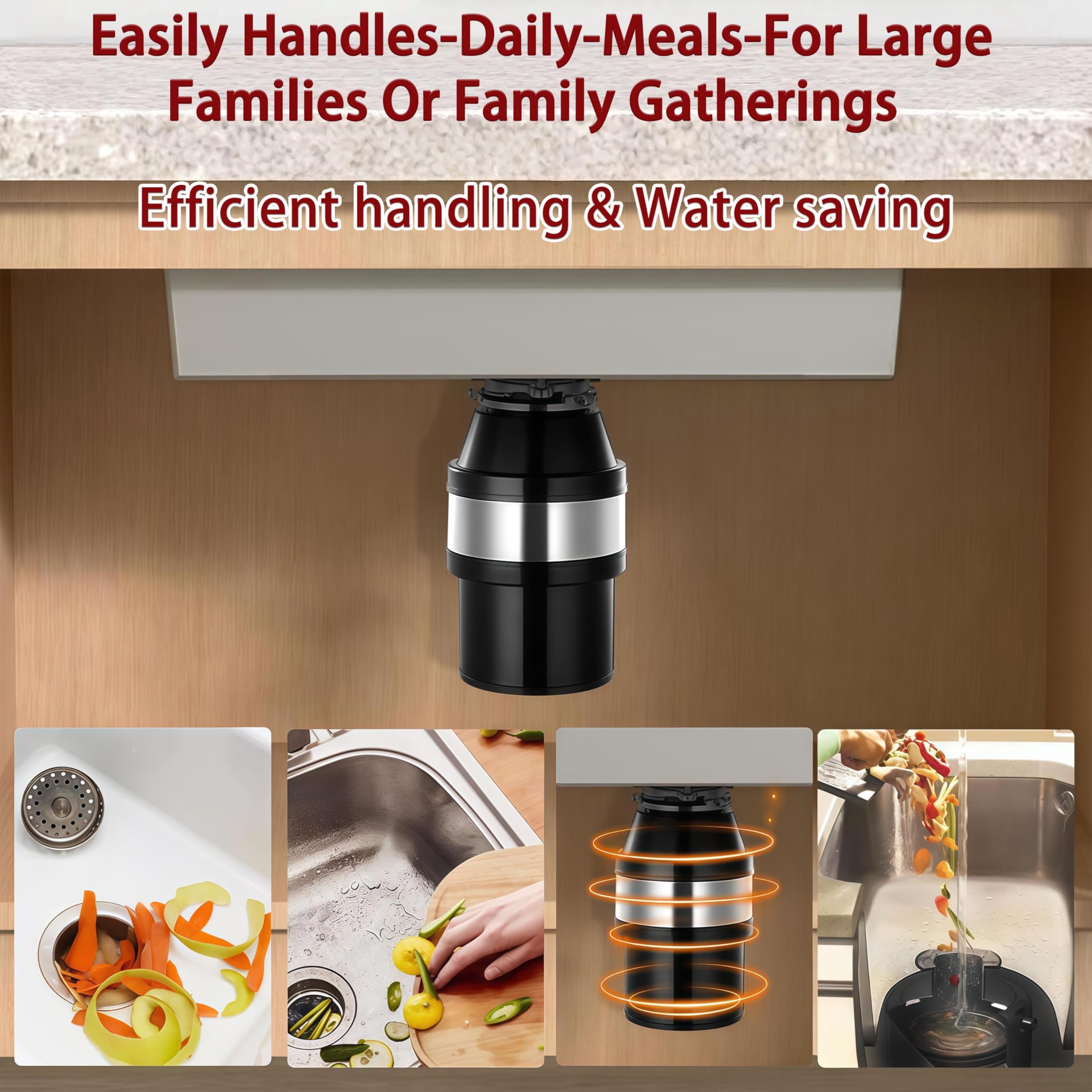 Tritarifiuti in Acciaio Inox, Tritarifiuti per Avanzi di Cucina da 1000 Ml, Protezione Acustica, Tritarifiuti per Rifiuti Alimentari da Cucina Sottolavello, 3/4 HP