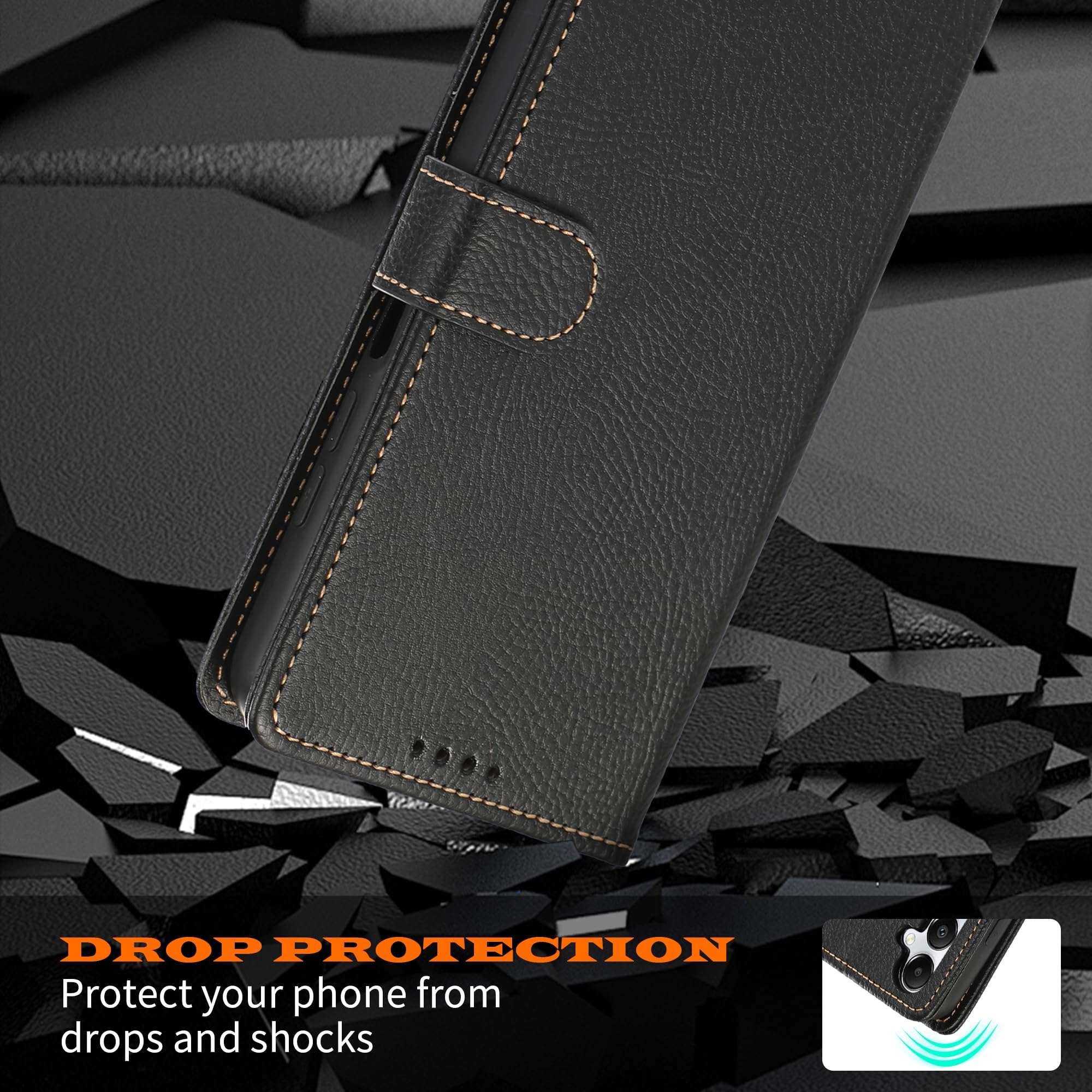 SMYTU Cover a Libro per Samsung Galaxy A05s 4G (6.7") + Vetro Temperato,Custodia Samsung Galaxy A05s 4G,Custodia Flip in Pelle Magnetica Portafoglio Per Samsung Galaxy A05s 4G - Nero