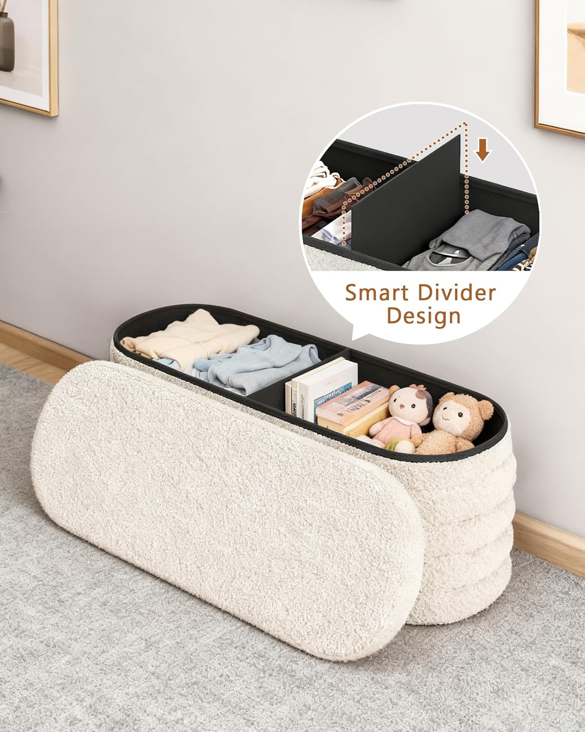 GLAXYFUR Storage Ottoman Bench, 43 Inch Upholstered Entryway Shoe Seat, End of Bed Stool Blanket Chest for Living Room, Hallway, Sherpa White - Image 2