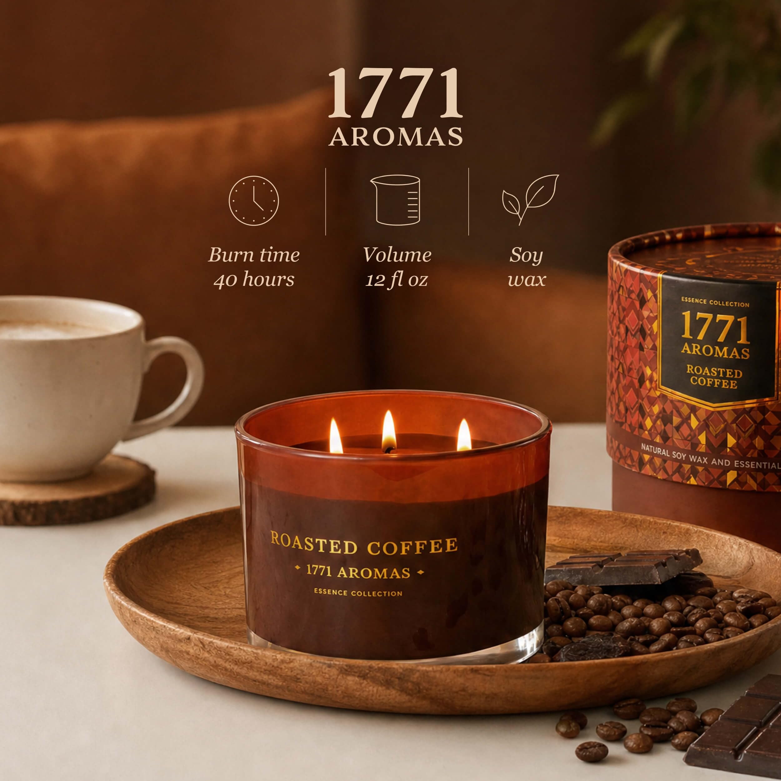 Velas de soja de café, vela grande de 3 mechas, hasta 40 horas de tiempo de combustión, cera de soja 100% natural, velas relajantes de aromaterapia para celebración de temporada, regalo de