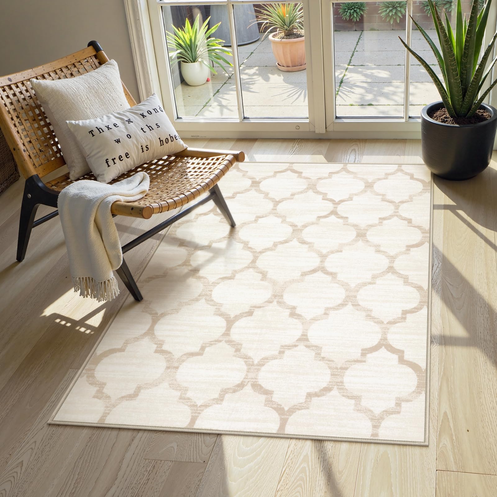 Lahome Moroccan Washable Living Room Rugs - 3x5 Area Rugs for Bedroom Aesthetic Non-Slip Low-Plie Throw Office Rug Entryway Ivory Distressed Capet for Kitchen Bathroom Laundry Kids Room Dining Room