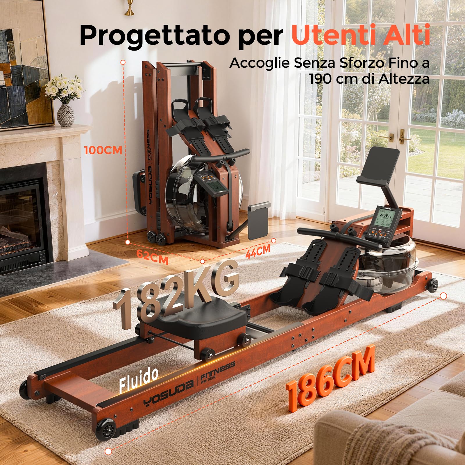 YOSUDA Vogatore pieghevole per casa, grande serbatoio 22L, APP/Bluetooth, design ultra silenzioso, supporto telefono regolabile, 190cm/182kg, pre-assemblato al 98%, vogatore professionale per casa