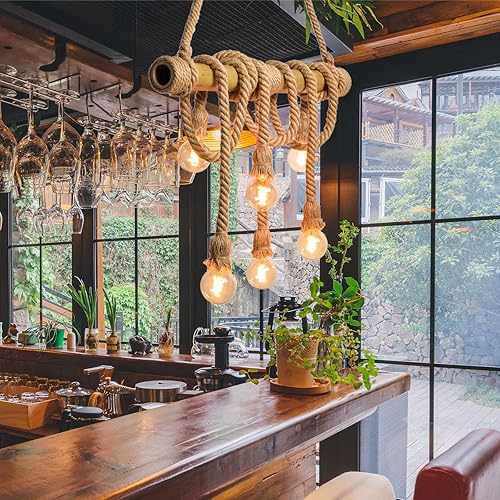 Arturesthome Lámpara colgante de cuerda de cáñamo de 6 cabezas, accesorio de candelabros vintage de bambú para isla de cocina, lámpara colgante