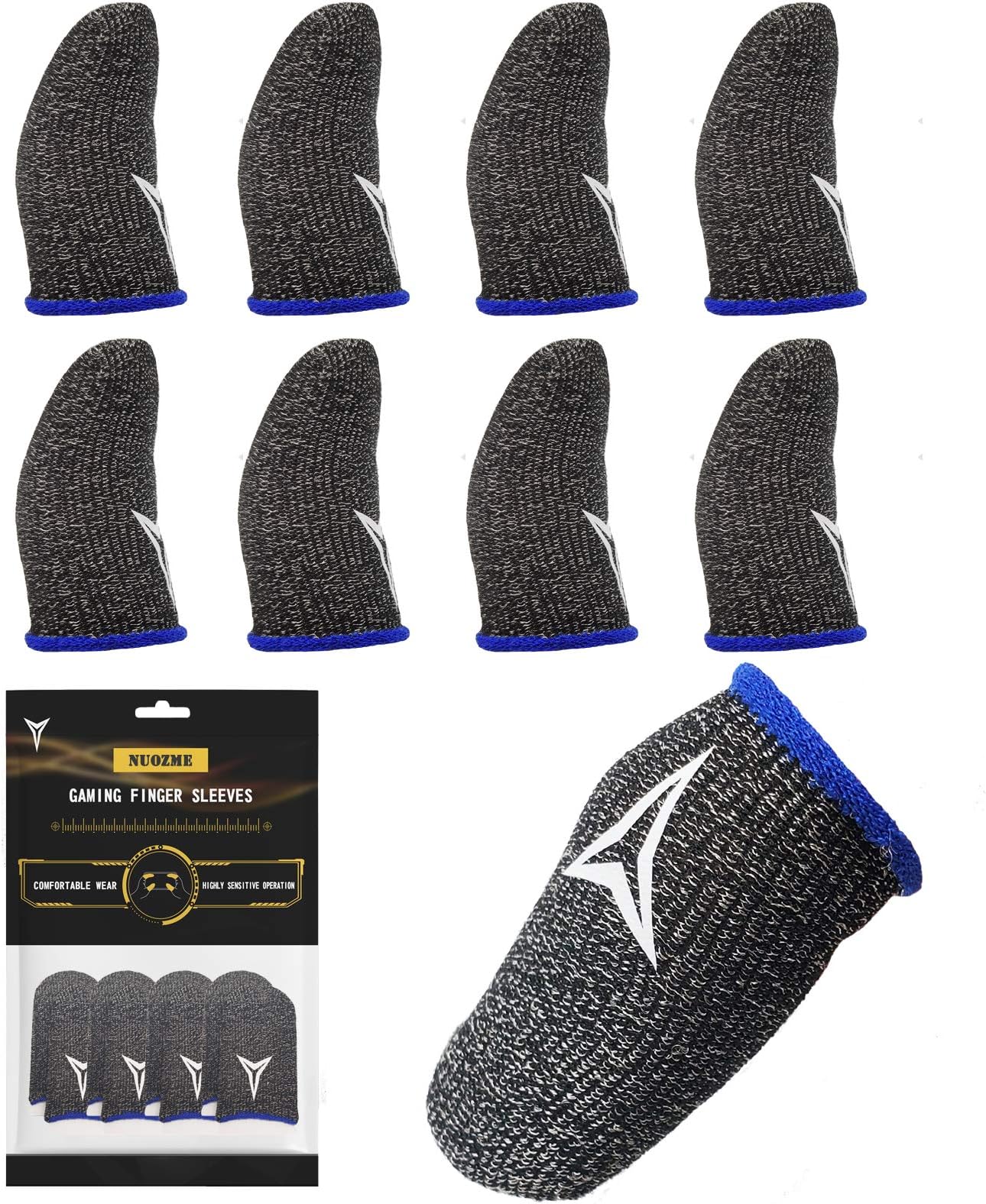 Nuozme 8 Pack Gaming Finger Sleeves for Mobile Gaming, 0.3mm Silver Fiber, Smooth Operation, Anti-Sweat, Extremely Thin, Finger Sleeves Compatible with Mobile Phone Tablet Devices(Blue)