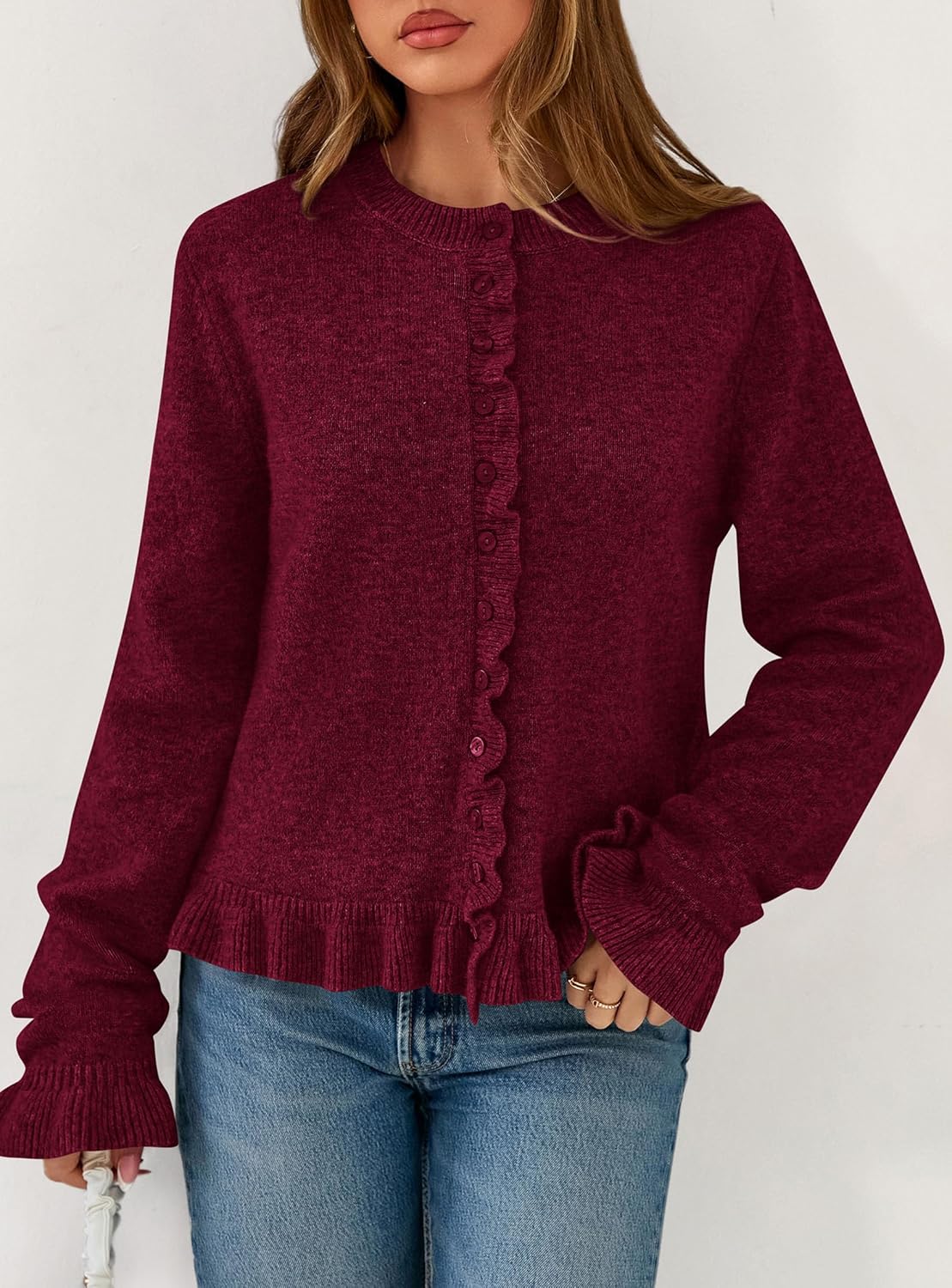 PRETTYGARDEN Womens Fall Button Down Cardigans Chunky Knit Ruffle Open Front Cropped Cardigan Sweaters Soft Long Sleeve Tops - Image 5