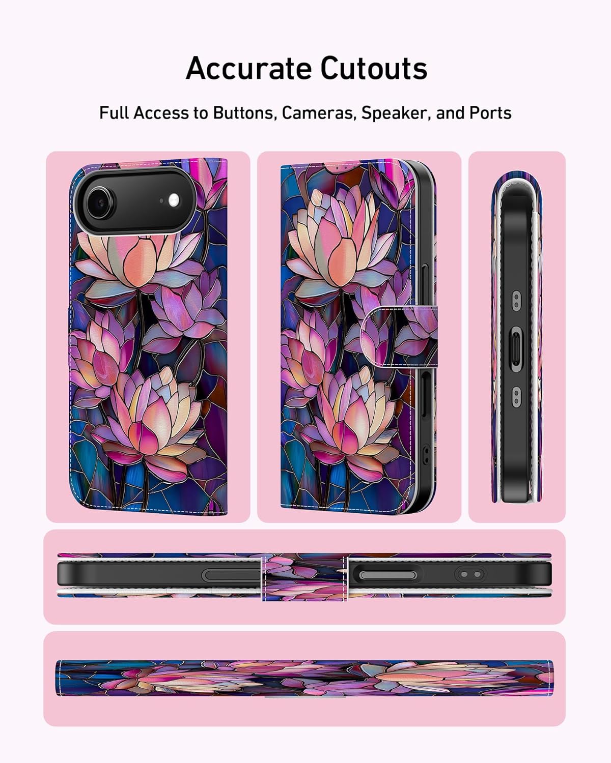 DEENAKIN for iPhone Air Wallet Case with Card Holder + Cash Clip, RFID-Blocking, UV-Printed Artwork, Magnetic Closure with Leather Kickstand, Protective Phone Cover for iPhone 17 Air - Blooming Lotus - Image 4